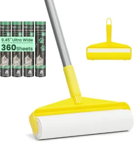 10-Inch Large Lint Roller with 360 Extra Sticky Roller Refill Sheets and 45 Long Handle, Sticky Lint Roller Broom Mop for Carpet Coach Clothes Floor Dog Cat Pet Hair Remover