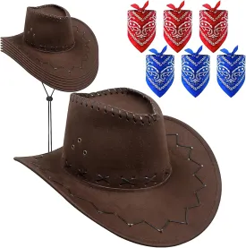 12 Pack Cowboy Hat Bulk, Brown Wide Brim Western Cowboy Hat, Faux Suede Cowboy Hats Party Hats with Bandana and Adjustable Drawstring for Men Women Costume Party