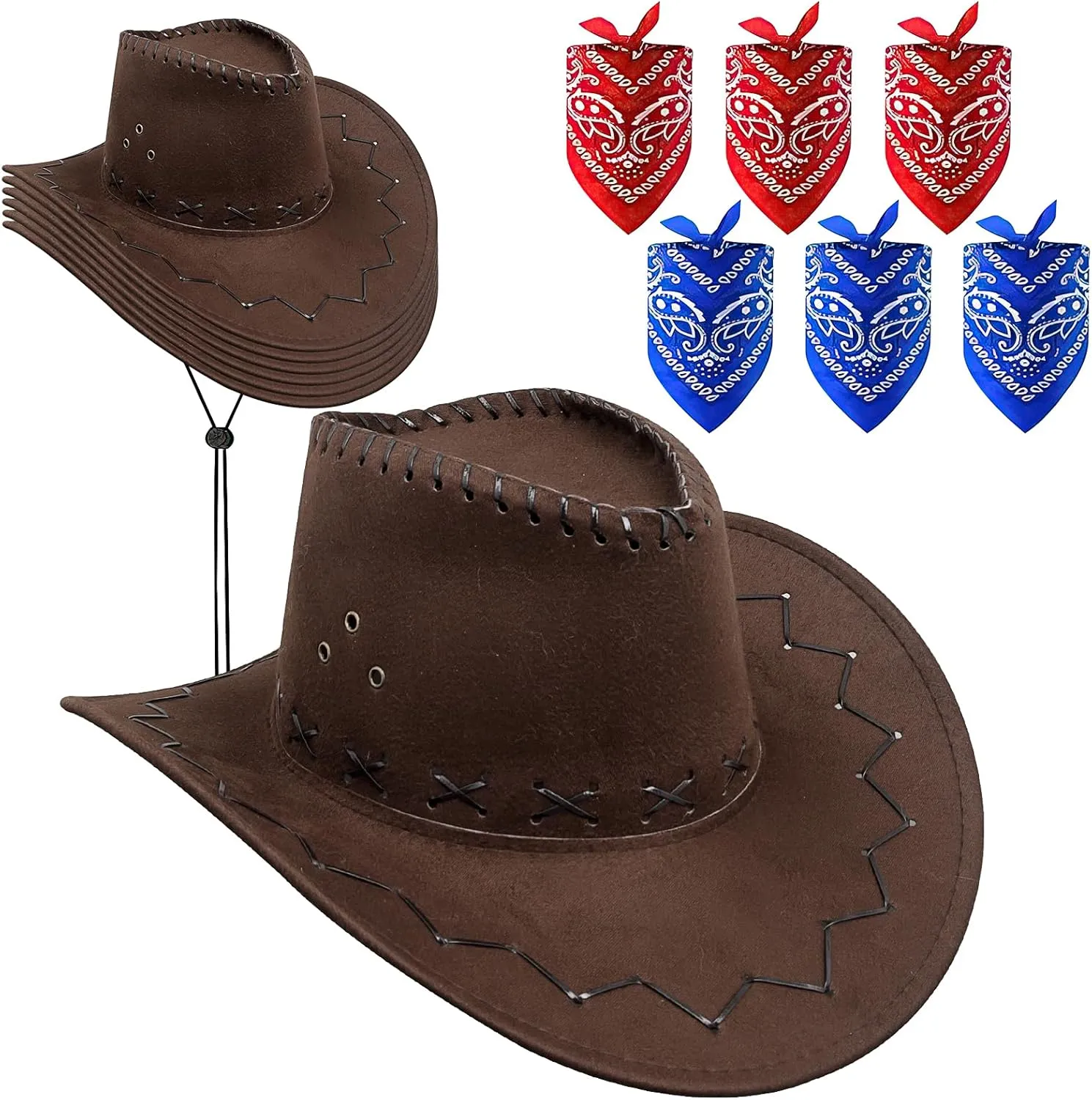 12 Pack Cowboy Hat Bulk, Brown Wide Brim Western Cowboy Hat, Faux Suede Cowboy Hats Party Hats with Bandana and Adjustable Drawstring for Men Women Costume Party