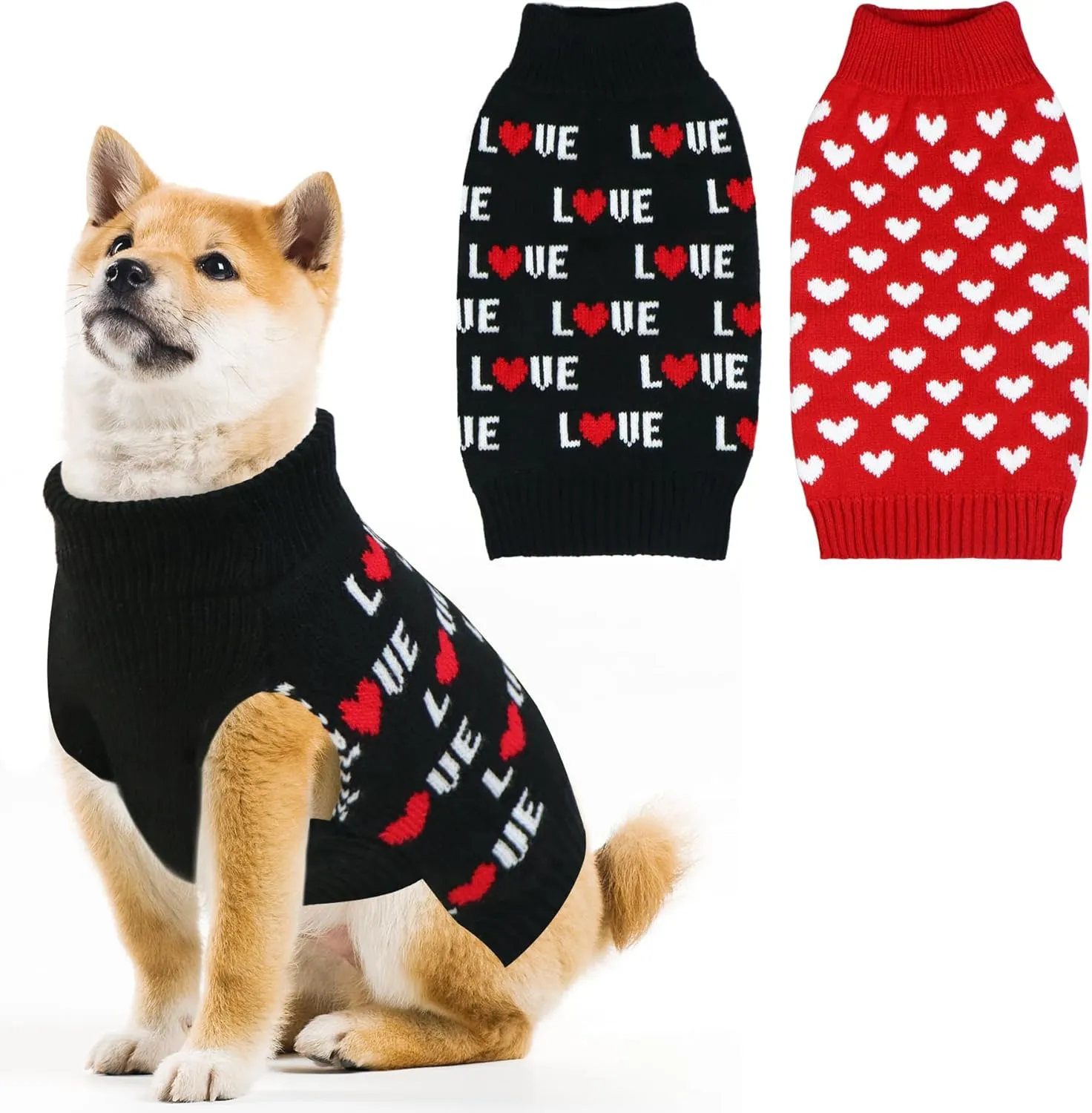 2 Pack Valentines Day Dog Sweater, Dog Valentines Outfit Clothes Knitted Heart Sweaters for Small Medium Large Dogs Pets (Red Heart & Black Love, XL)