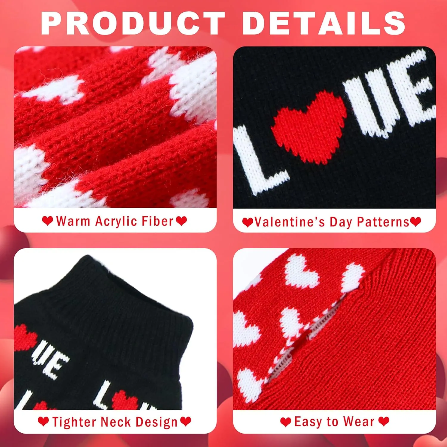 2 Pack Valentines Day Dog Sweater, Dog Valentines Outfit Clothes Knitted Heart Sweaters for Small Medium Large Dogs Pets (Red Heart & Black Love, XL)