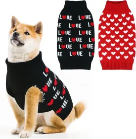 2 Pack Valentines Day Dog Sweater, Dog Valentines Outfit Clothes Knitted Heart Sweaters for Small Medium Large Dogs Pets (Red Heart & Black Love, XL)