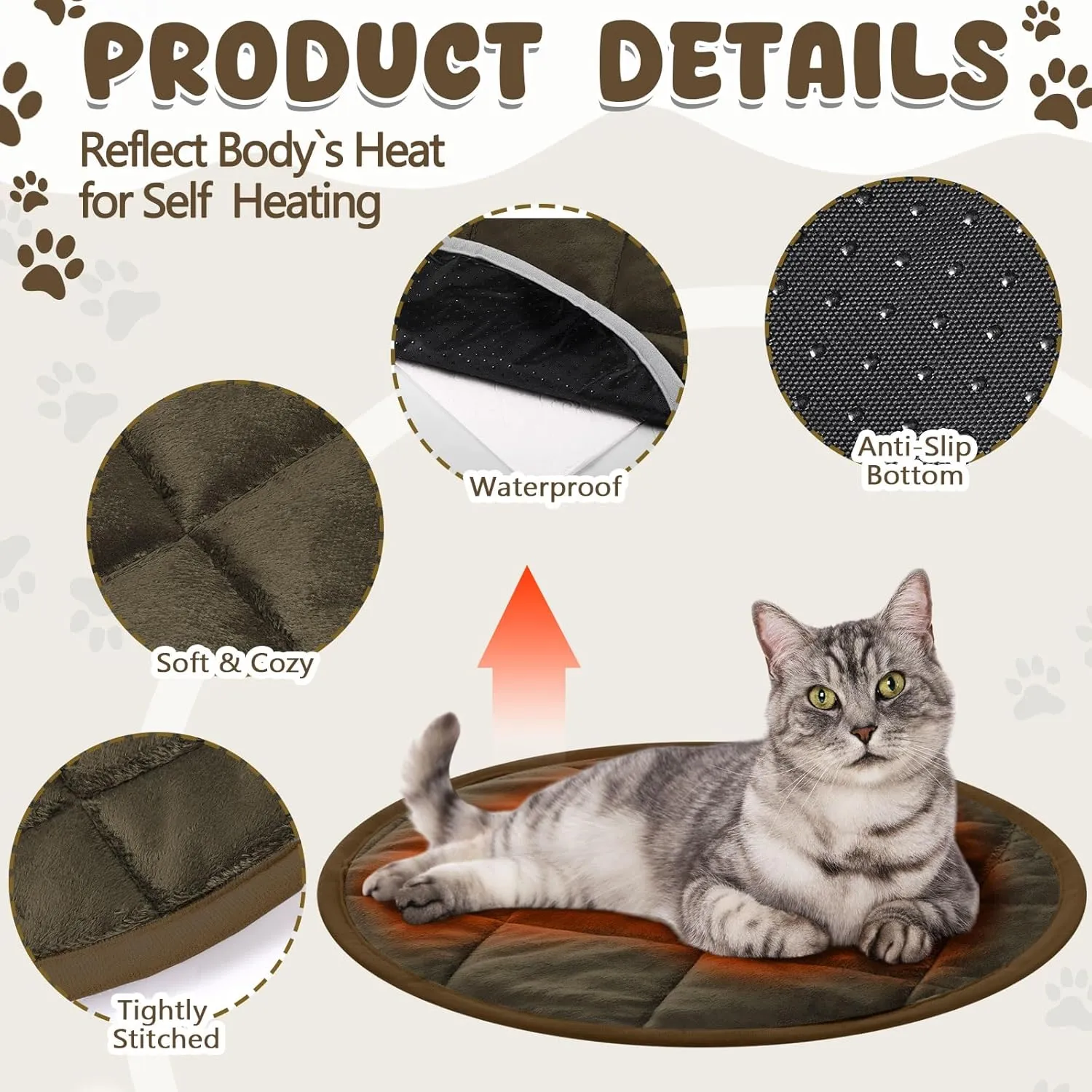 2 Pcs Cat Heating Pad Round 16 Inch Self Heating Cat Mat Washable Heated Bed Anti Slip Warming Pad Pet Bed Mat for Kennel Dog Crate Indoor Outdoor(Coffee,16 Inch)
