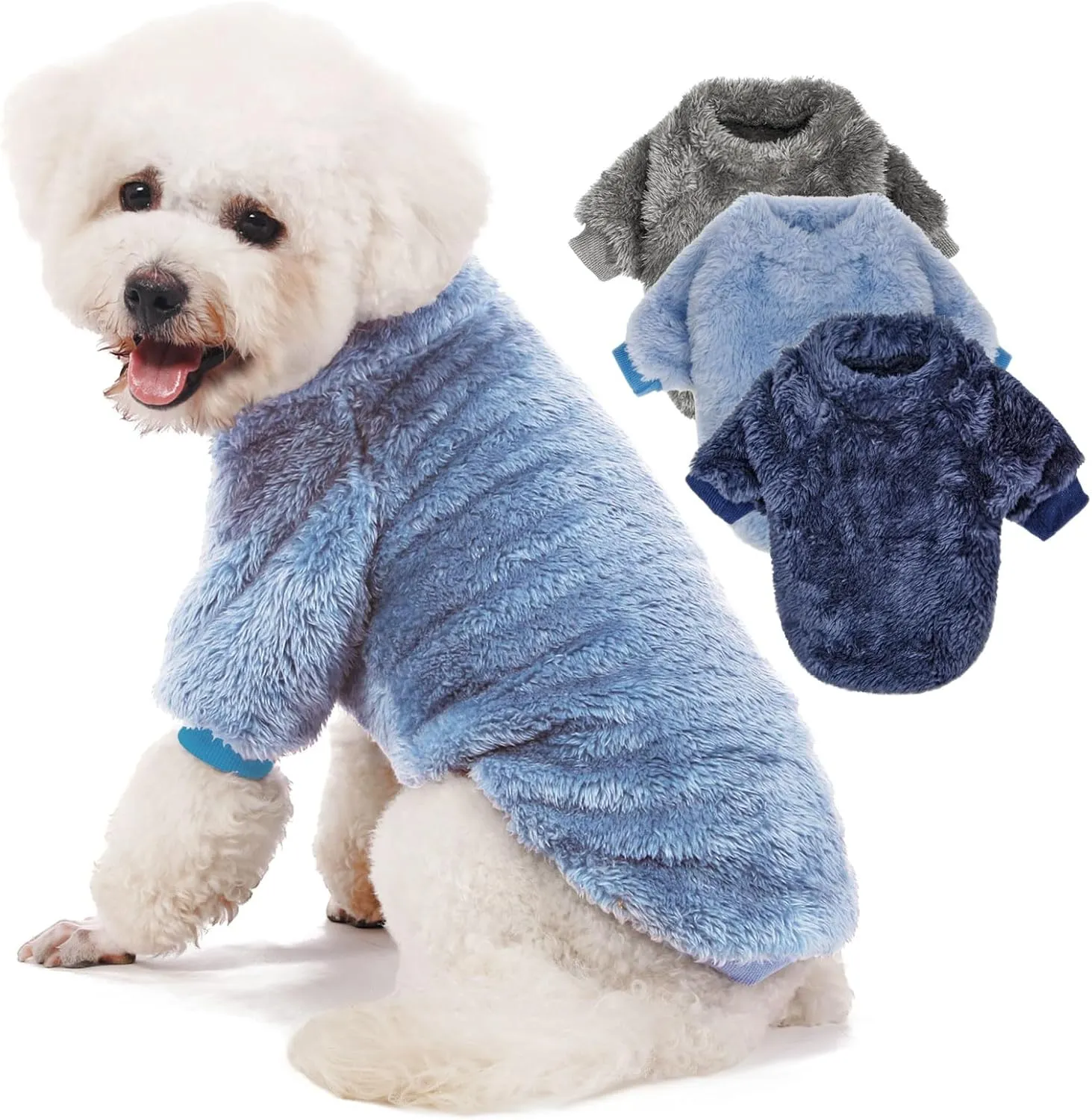 3-Pack Small Dog Sweaters for Small Dogs Boy & Girl - Puppy Clothes - XXS to XL & Cat Apparel - Velvet Warm Dog Jackets- Pet Sweatshirt & Coats for Winter (Large, SkyBlue,Navy,Darkgrey)