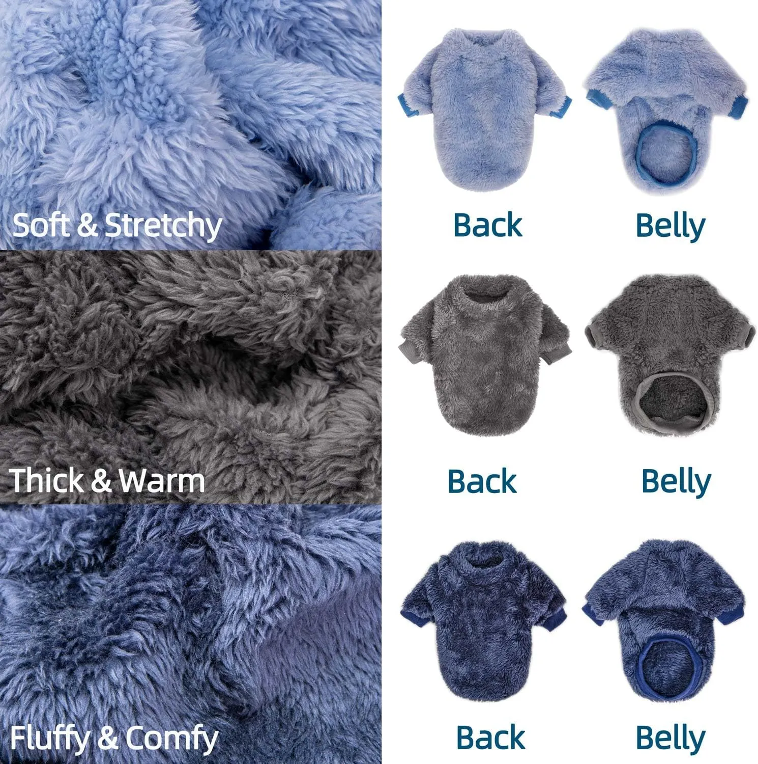 3-Pack Small Dog Sweaters for Small Dogs Boy & Girl - Puppy Clothes - XXS to XL & Cat Apparel - Velvet Warm Dog Jackets- Pet Sweatshirt & Coats for Winter (Large, SkyBlue,Navy,Darkgrey)