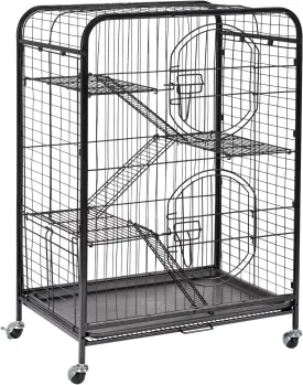 37" Metal Ferret Chinchilla Cage, Small Animals Hutch with Ramps and Feeders and Wheels, Rabbit Guinea Pig Rat Squirrel Kitten Playpen House, Black