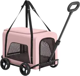 4 Wheels Foldable Pet Stroller 360 Swivel Handle Ventilated Pet Bag Foldable Pet Stroller for Dogs & Cats Portable Pet Stroller Metal Frame Wagon Pink