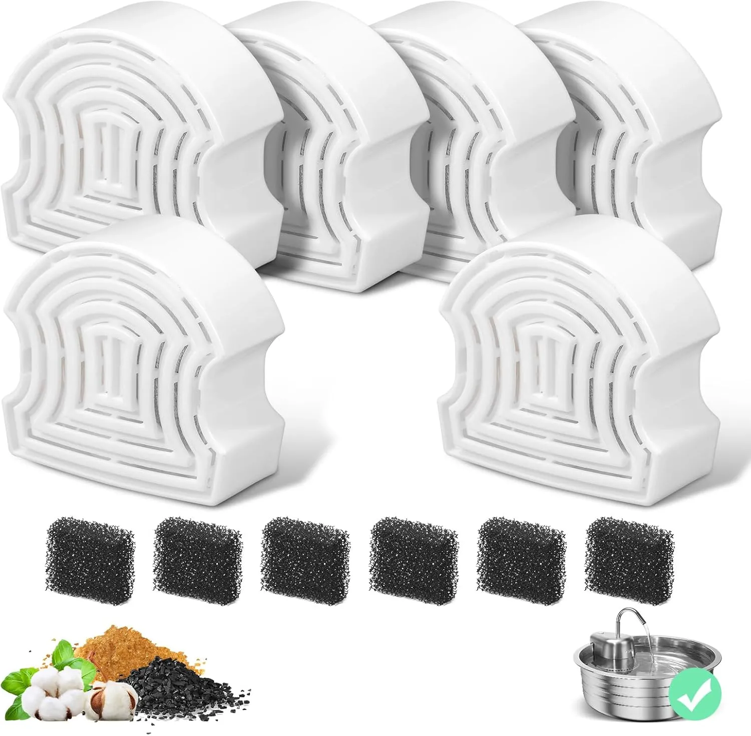 6 Packs Cat Water Fountain Filters for 4L/135OZ Stainless Steel Pet Fountain, Multi-Filtration System Activated Carbon Replacement Filter and Sponges for Automatic Dog Dispenser Drinking Bowl