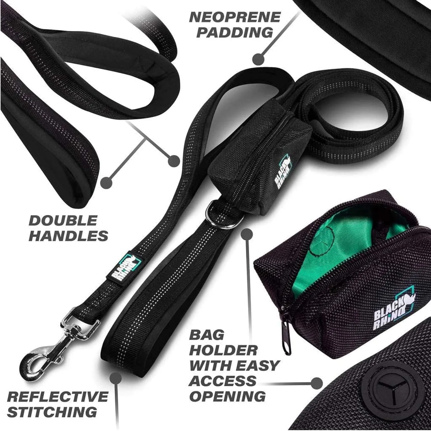 Black Rhino Heavy Duty Dog Leash - 6ft Long Leash for Medium and Large Dogs - Dual Handle Training Lead with Padded Grip, Bag, Reflective Stitching, and Weather Resistant