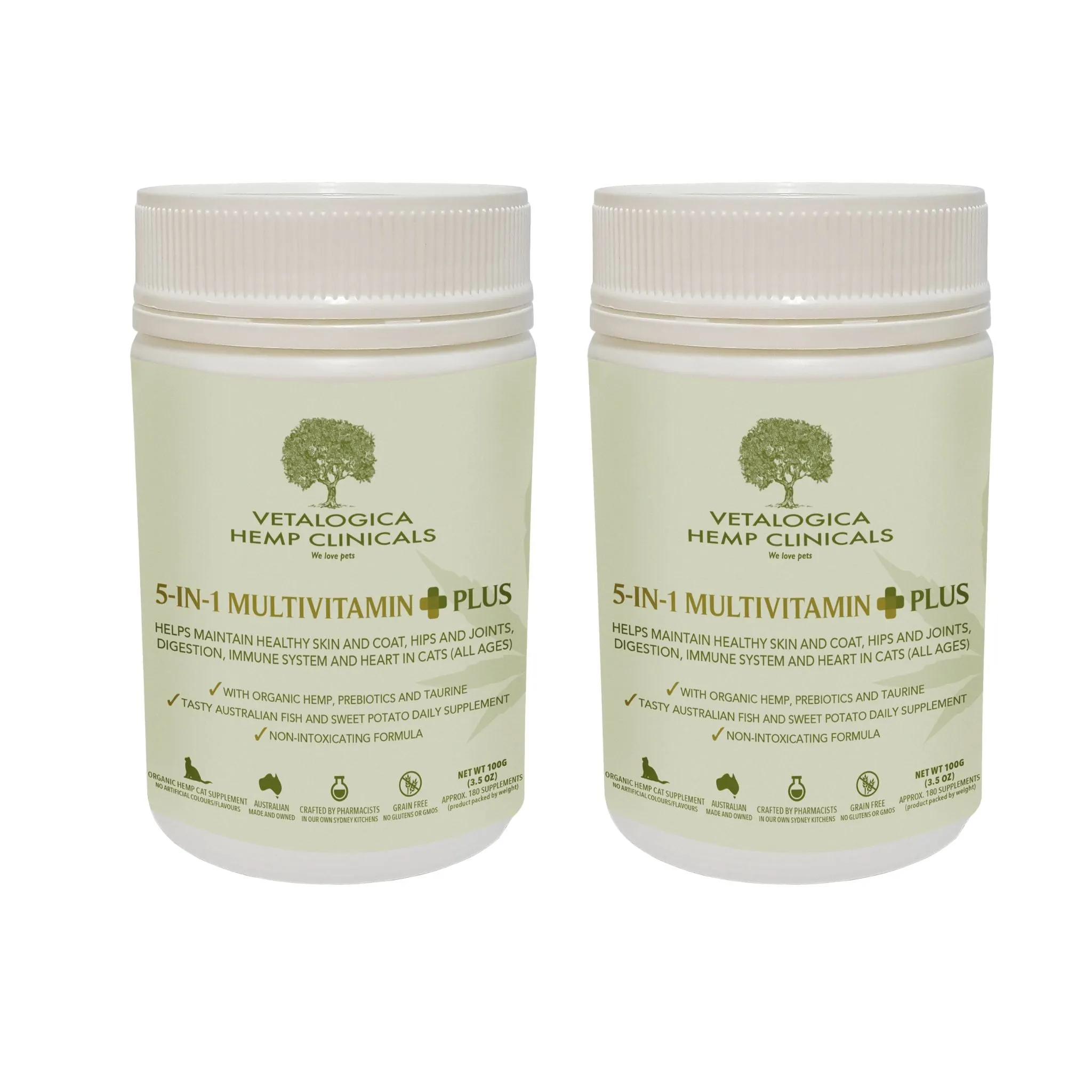 Bundle Pack of 2 x Vetalogica Hemp Clinicals 5-IN-1 Multivitamin Plus Supplements for Cats 100g