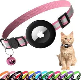 Cat Collar with Air Tag Holder, Reflective Kitten Collar with Bell, Breakaway Airtag Cat Collar for Boys Girls Cats, GPS Tracker for Cats 0.4 Width Adjustable Safe Kitty Collar, Pink