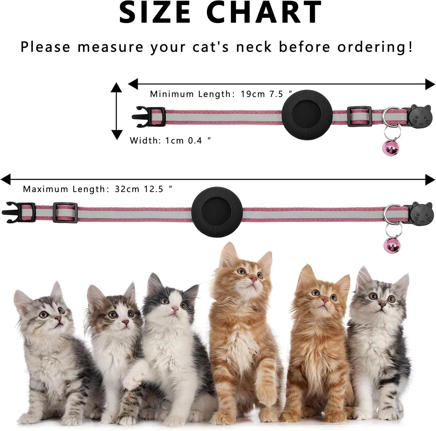 Cat Collar with Air Tag Holder, Reflective Kitten Collar with Bell, Breakaway Airtag Cat Collar for Boys Girls Cats, GPS Tracker for Cats 0.4 Width Adjustable Safe Kitty Collar, Pink