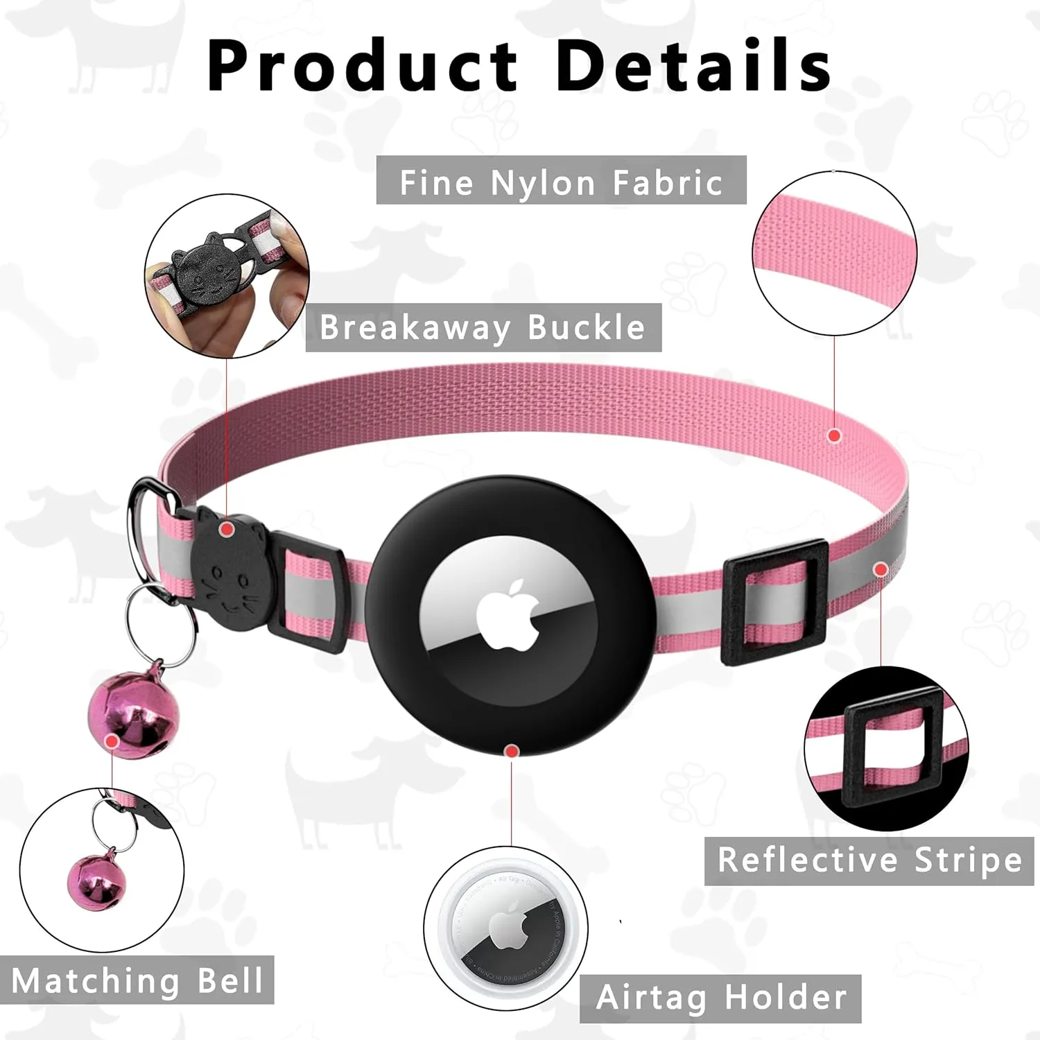 Cat Collar with Air Tag Holder, Reflective Kitten Collar with Bell, Breakaway Airtag Cat Collar for Boys Girls Cats, GPS Tracker for Cats 0.4 Width Adjustable Safe Kitty Collar, Pink