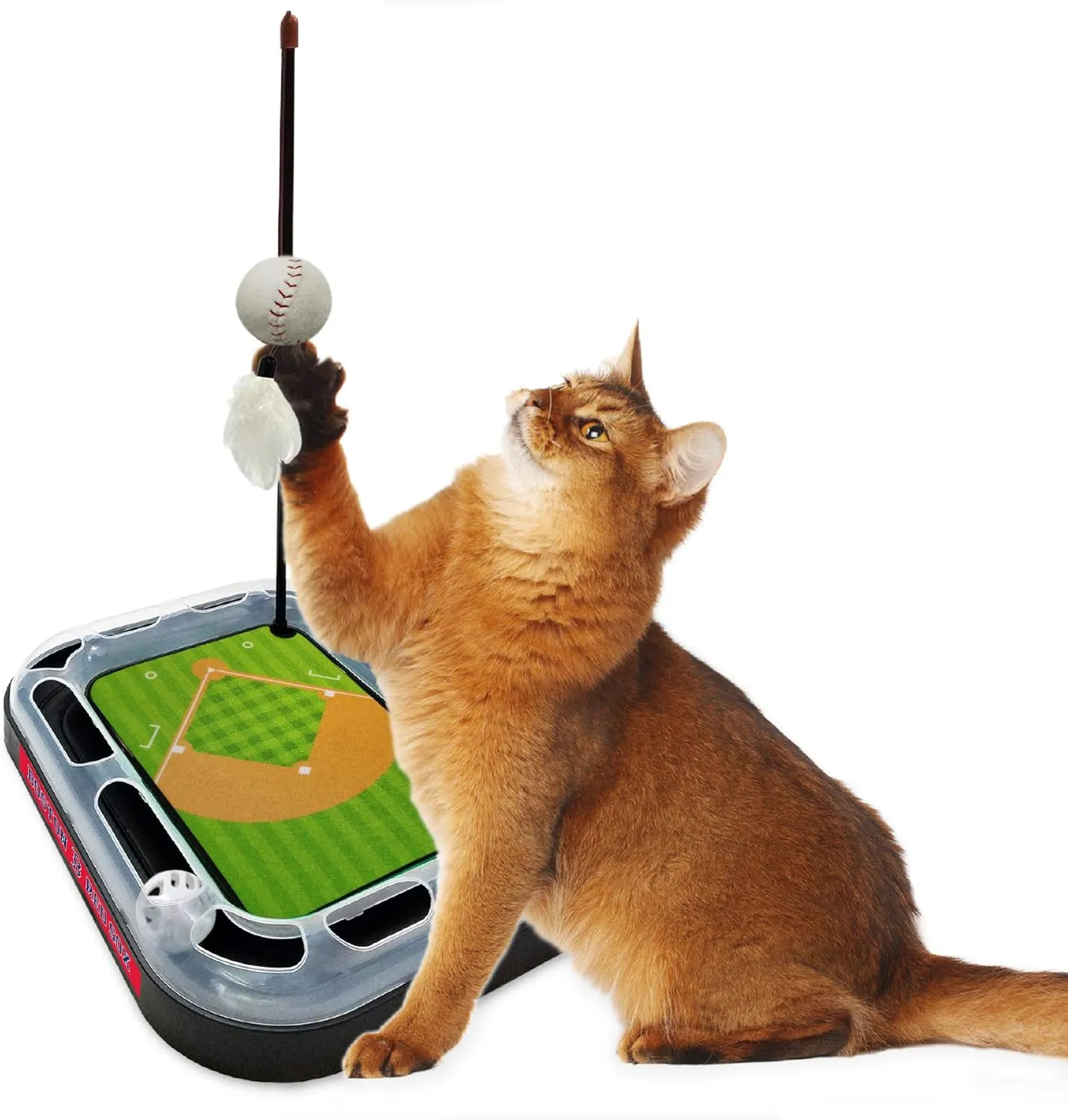 Cat Scratching Toy MLB Boston RED SOX Baseball Field Cat Scratcher Toy with Interactive Cat Ball Bell in Tracks. 5-in-1 CAT Toy: Cat Wand Poll with Catnip Filled Plush Baseball & Feathers.