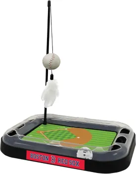 Cat Scratching Toy MLB Boston RED SOX Baseball Field Cat Scratcher Toy with Interactive Cat Ball Bell in Tracks. 5-in-1 CAT Toy: Cat Wand Poll with Catnip Filled Plush Baseball & Feathers.