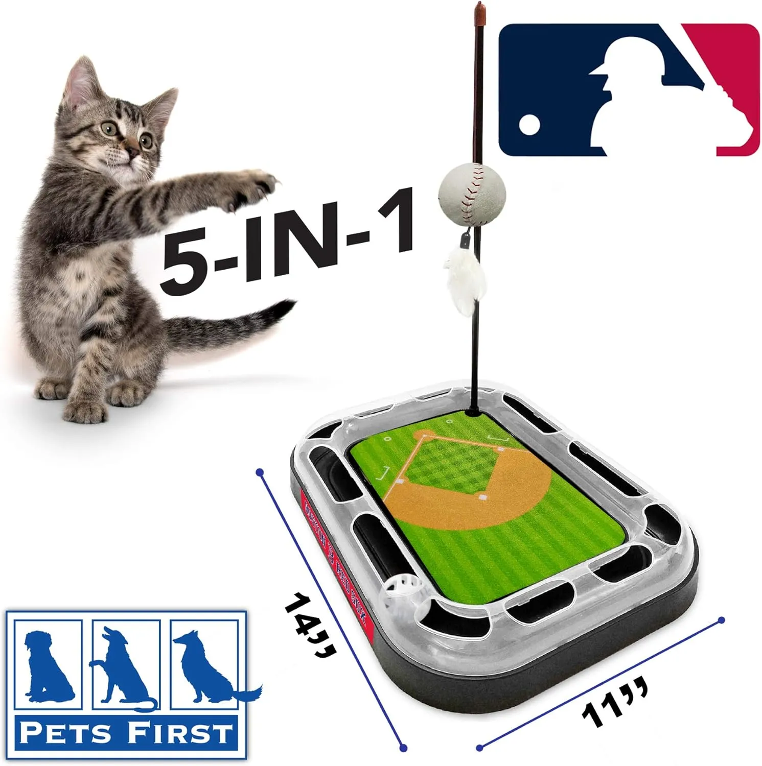 Cat Scratching Toy MLB Boston RED SOX Baseball Field Cat Scratcher Toy with Interactive Cat Ball Bell in Tracks. 5-in-1 CAT Toy: Cat Wand Poll with Catnip Filled Plush Baseball & Feathers.