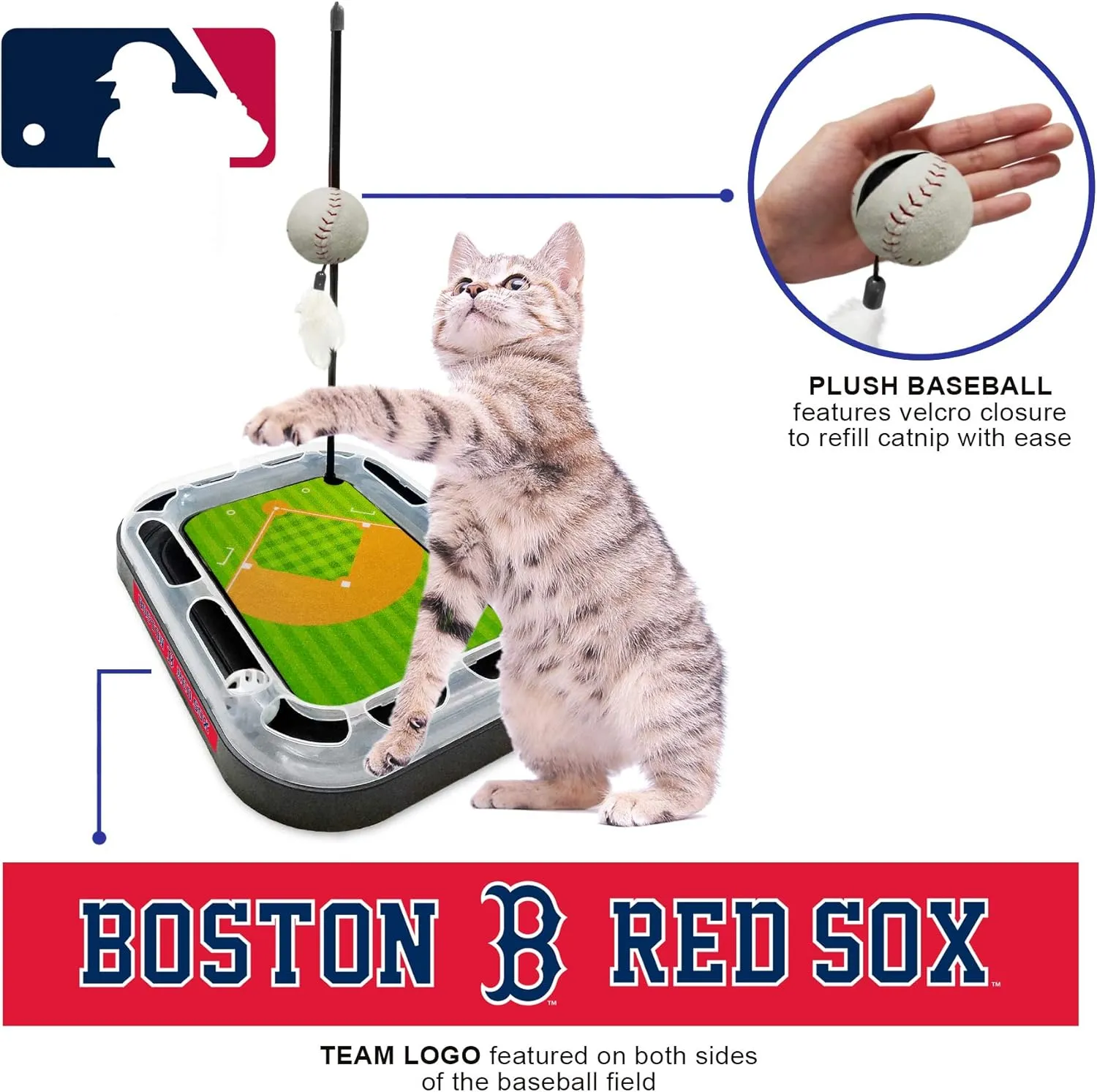 Cat Scratching Toy MLB Boston RED SOX Baseball Field Cat Scratcher Toy with Interactive Cat Ball Bell in Tracks. 5-in-1 CAT Toy: Cat Wand Poll with Catnip Filled Plush Baseball & Feathers.