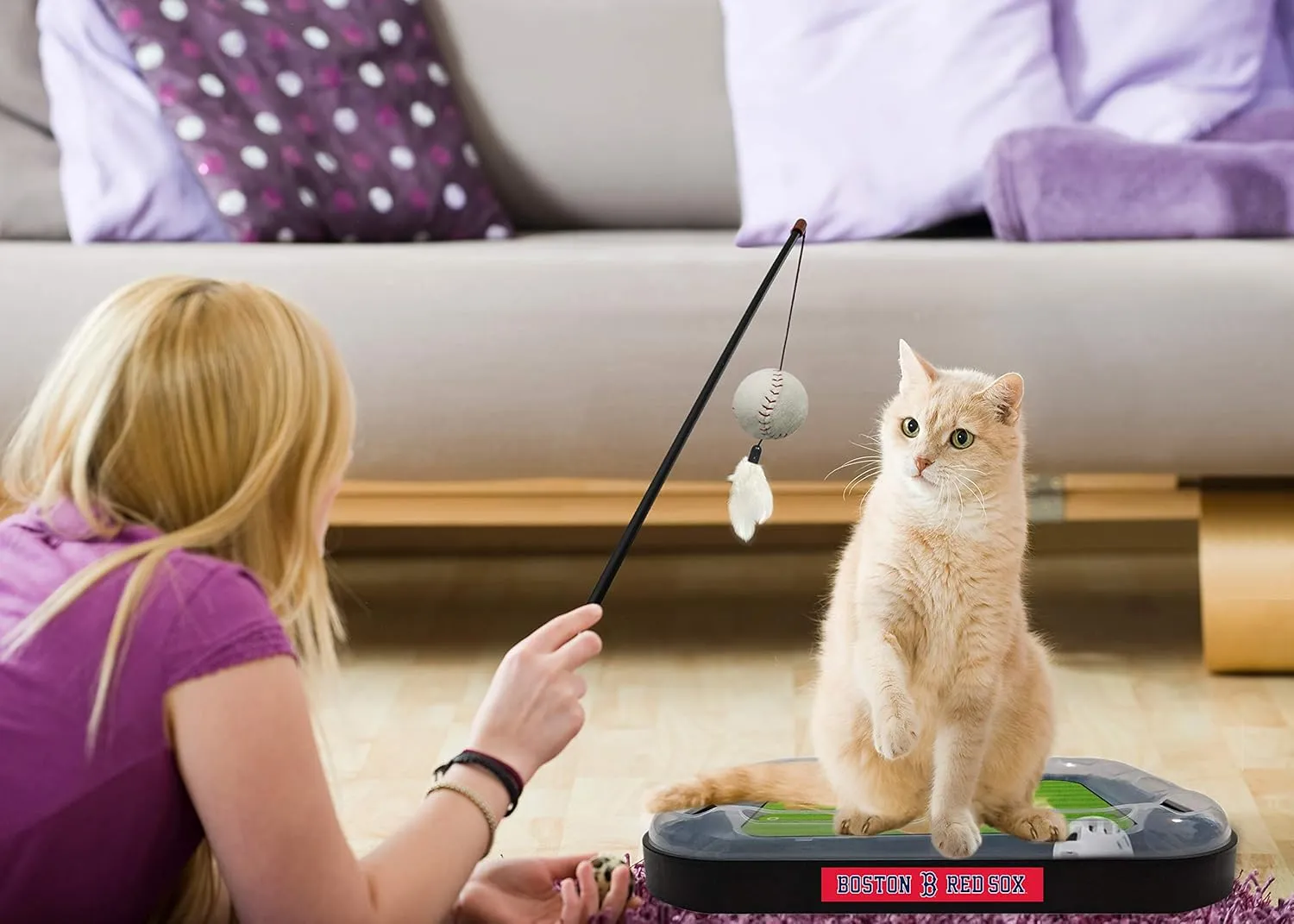 Cat Scratching Toy MLB Boston RED SOX Baseball Field Cat Scratcher Toy with Interactive Cat Ball Bell in Tracks. 5-in-1 CAT Toy: Cat Wand Poll with Catnip Filled Plush Baseball & Feathers.