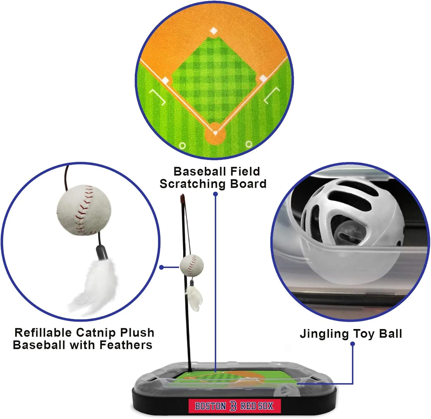 Cat Scratching Toy MLB Boston RED SOX Baseball Field Cat Scratcher Toy with Interactive Cat Ball Bell in Tracks. 5-in-1 CAT Toy: Cat Wand Poll with Catnip Filled Plush Baseball & Feathers.