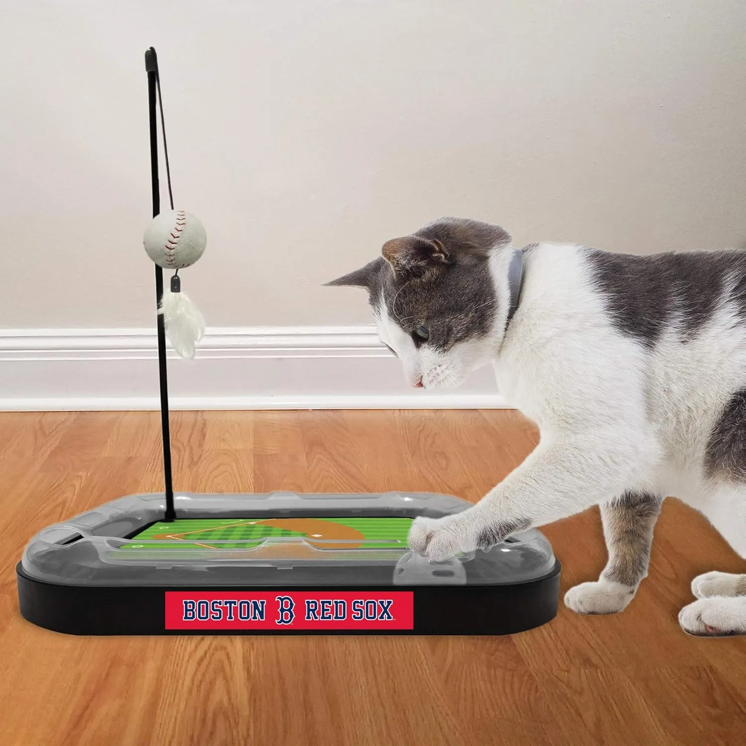 Cat Scratching Toy MLB Boston RED SOX Baseball Field Cat Scratcher Toy with Interactive Cat Ball Bell in Tracks. 5-in-1 CAT Toy: Cat Wand Poll with Catnip Filled Plush Baseball & Feathers.
