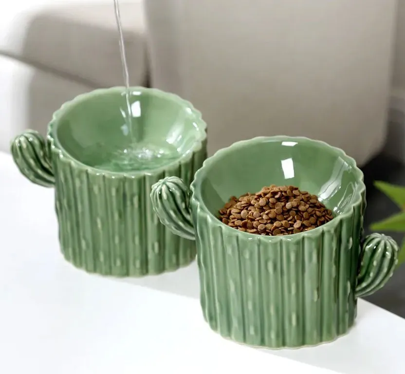 Ceramic Cactus Cat Food Bowl