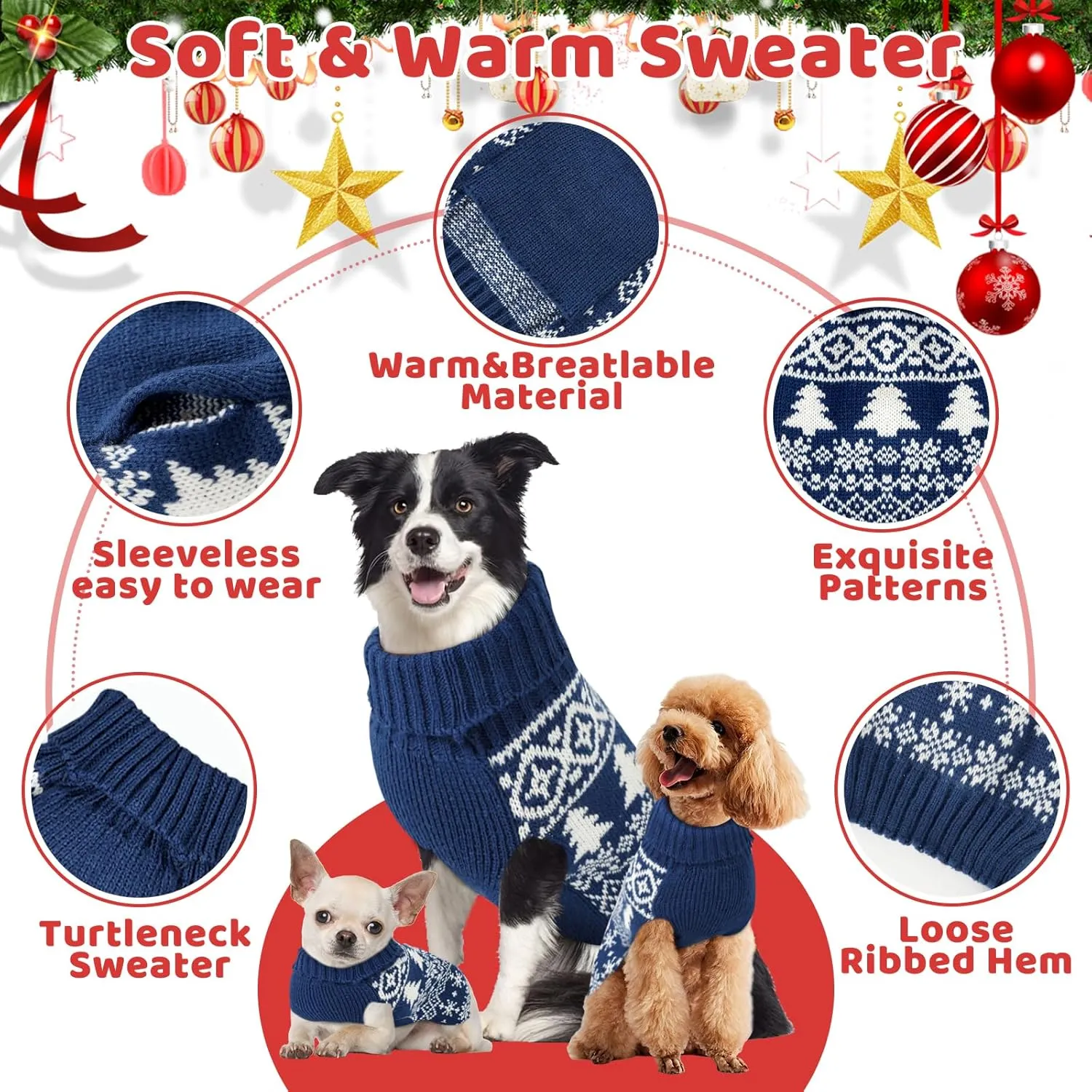 Christmas Dog Sweaters for Small Large Dogs Girl, Soft Warm Pup Dogs Shirt, Turtleneck Dog Sweaters for Medium Large Dogs, Double Knitting Collar for Outdoors Playing, Warm Dog Cat Clothes Blue XL