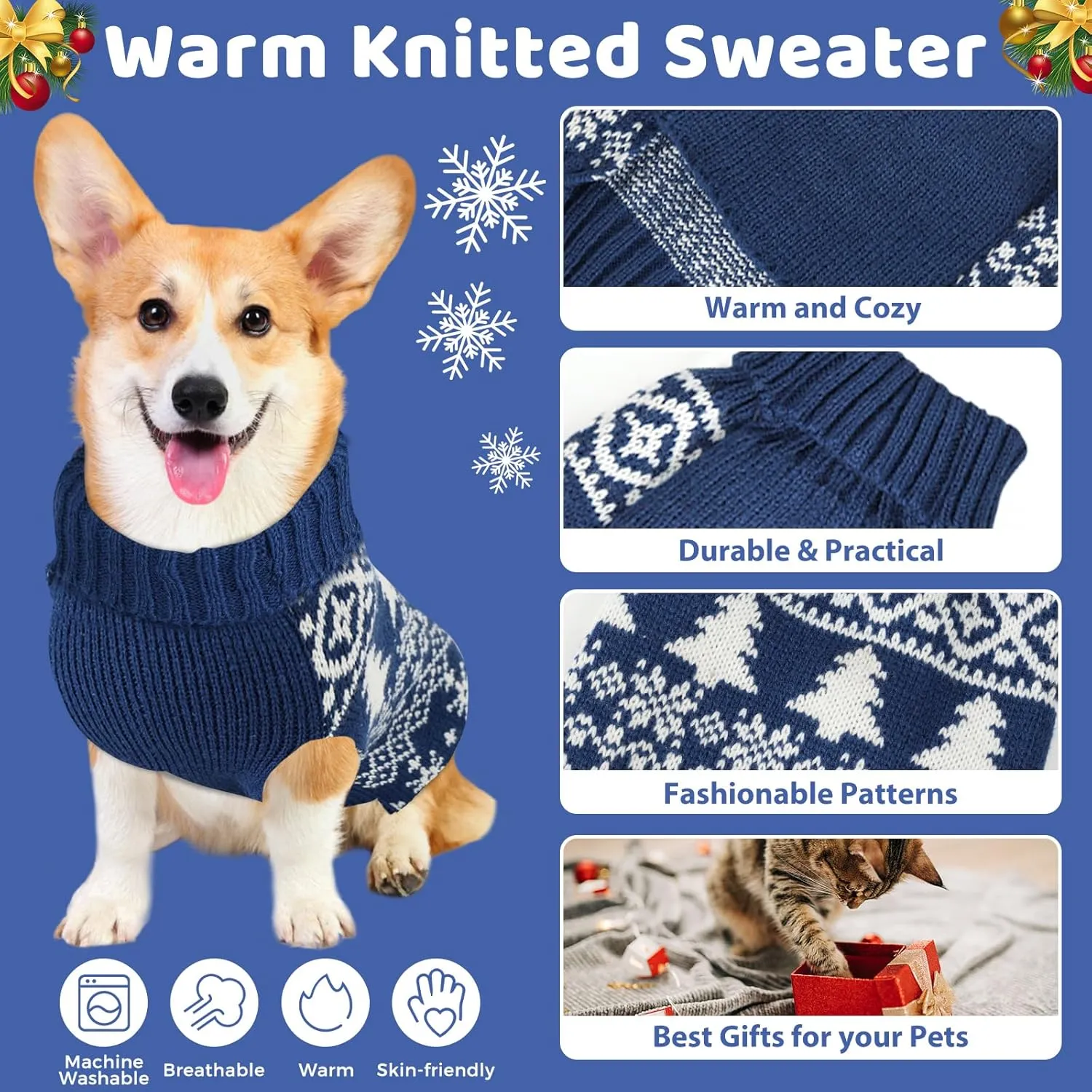 Christmas Dog Sweaters for Small Large Dogs Girl, Soft Warm Pup Dogs Shirt, Turtleneck Dog Sweaters for Medium Large Dogs, Double Knitting Collar for Outdoors Playing, Warm Dog Cat Clothes Blue XL