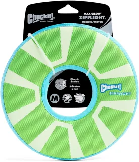 Chuckit! Max Glow Zipflight Flying Disc Dog Toy - Water Floating Flyer for Beach and Pool - Durable Polyester Construction - For Medium and Large Dogs - Size Medium - 8.5 L x 8.5 W - Pack of 1