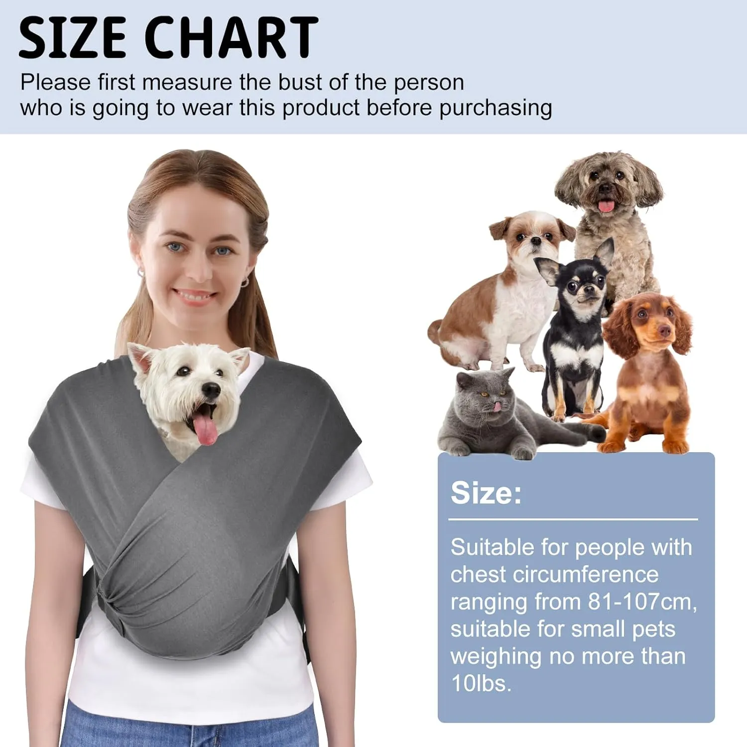 CUBY Swaddle Dog Sling Carrier for Small Dogs, Front Pet Sling Carrier Chest,Hands Free Adjustable Cat Sling Carrier Soft Cotton Reducing Pain Puppy Sling Carrier for Small Pet Up to 10lb (Dark Gray)