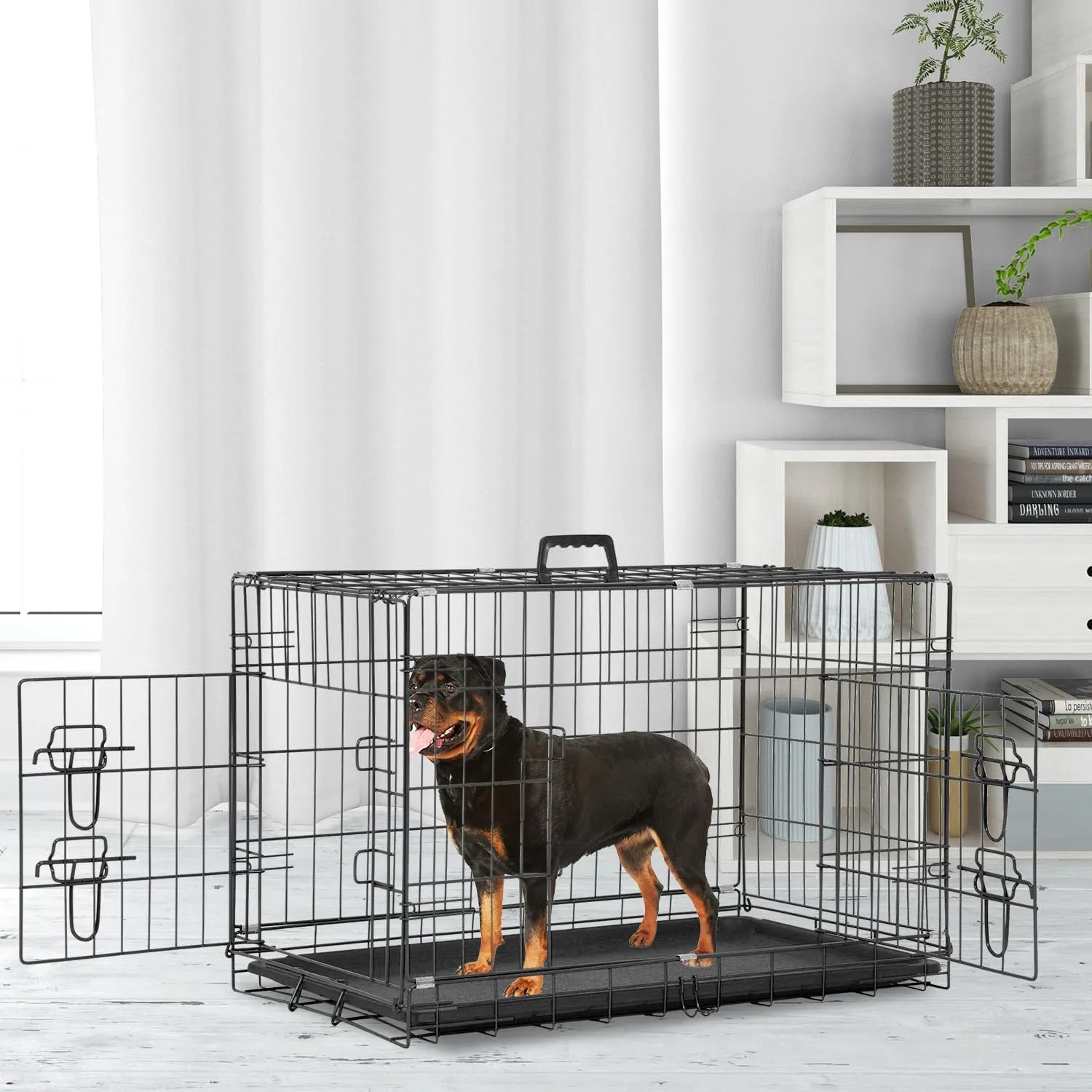 Dog Crate Dog Cage Dog Kennel Outdoor Metal Wire Double-Door Folding Pet Animal Pet Cage for Small Dog 30 inches with Double Door&Leak-Proof Pan Tray,Black