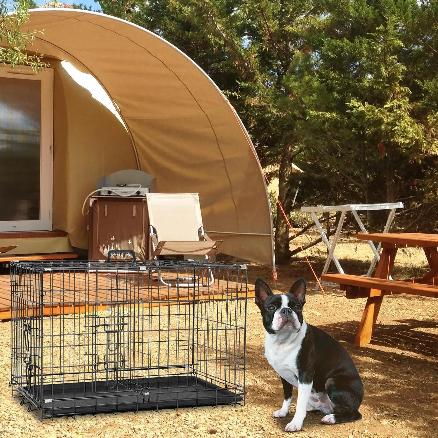 Dog Crate Dog Cage Dog Kennel Outdoor Metal Wire Double-Door Folding Pet Animal Pet Cage for Small Dog 30 inches with Double Door&Leak-Proof Pan Tray,Black