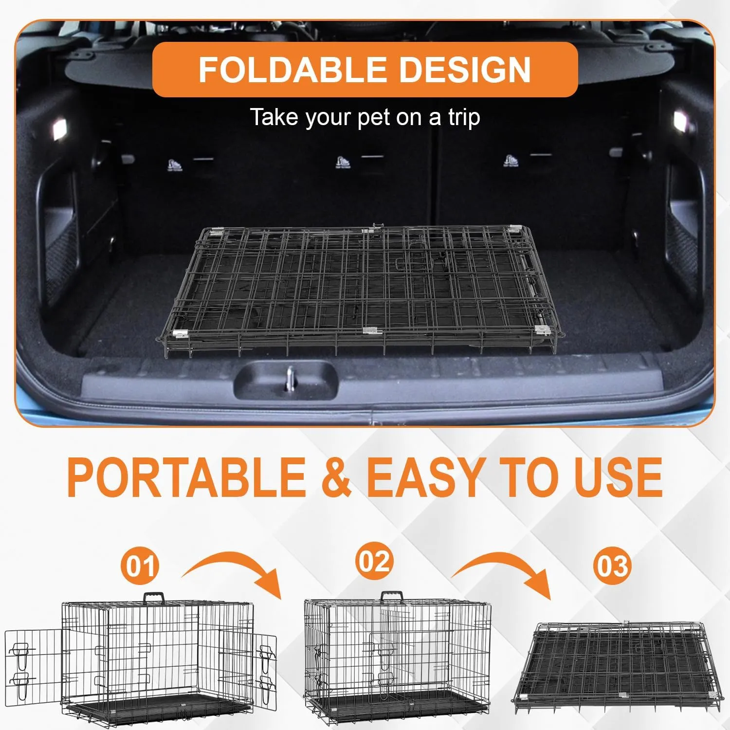 Dog Crate Dog Cage Dog Kennel Outdoor Metal Wire Double-Door Folding Pet Animal Pet Cage for Small Dog 30 inches with Double Door&Leak-Proof Pan Tray,Black