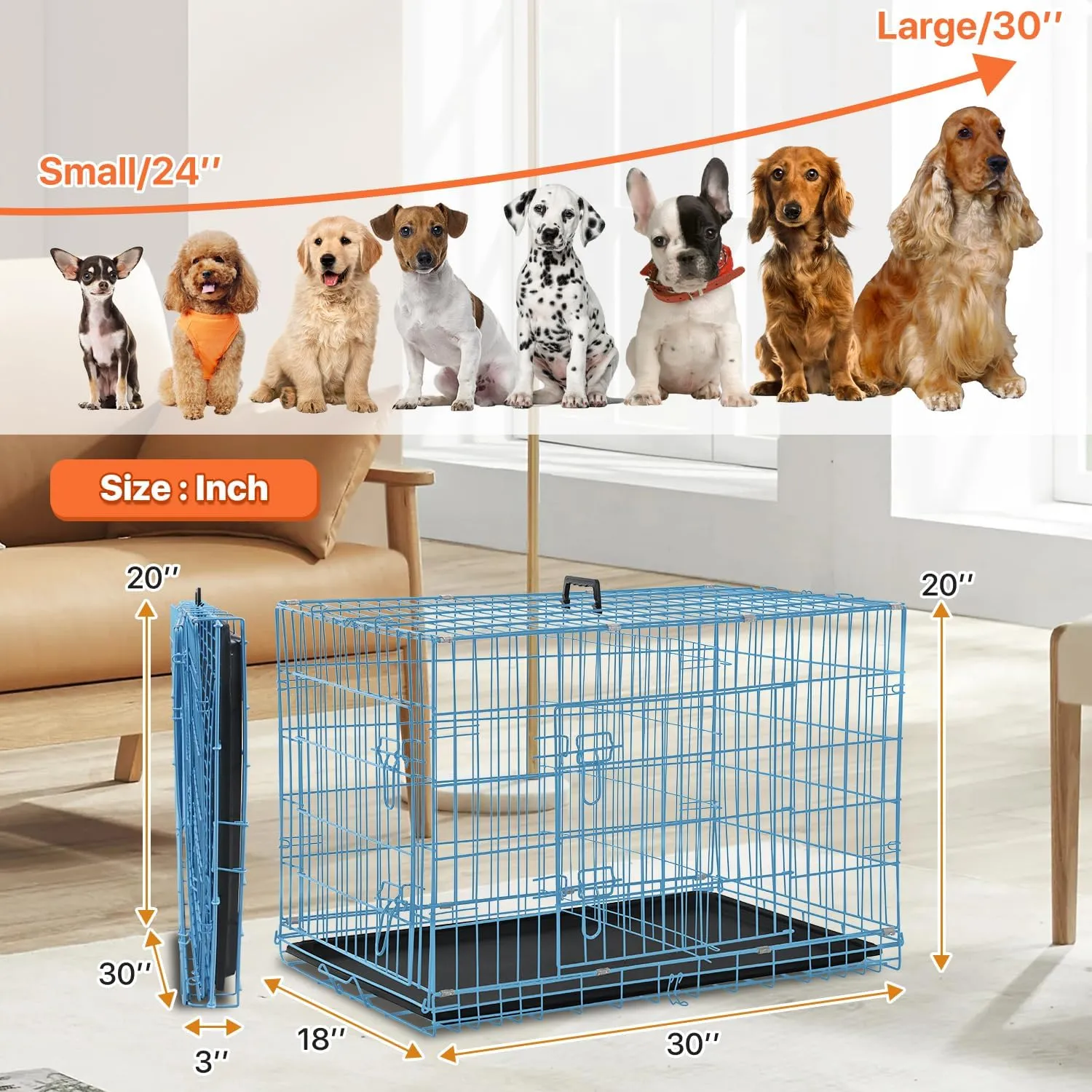 Dog Crate for Large Medium Small Dogs, Folding Dog Kennel Cage with Plastic Tray & Divider 48"/42"/ 36"/ 30"/ 24" Indoor Outdoor Metal Double Door Heavy Duty Dog Pen Enclosure, Blue(30 Inch)