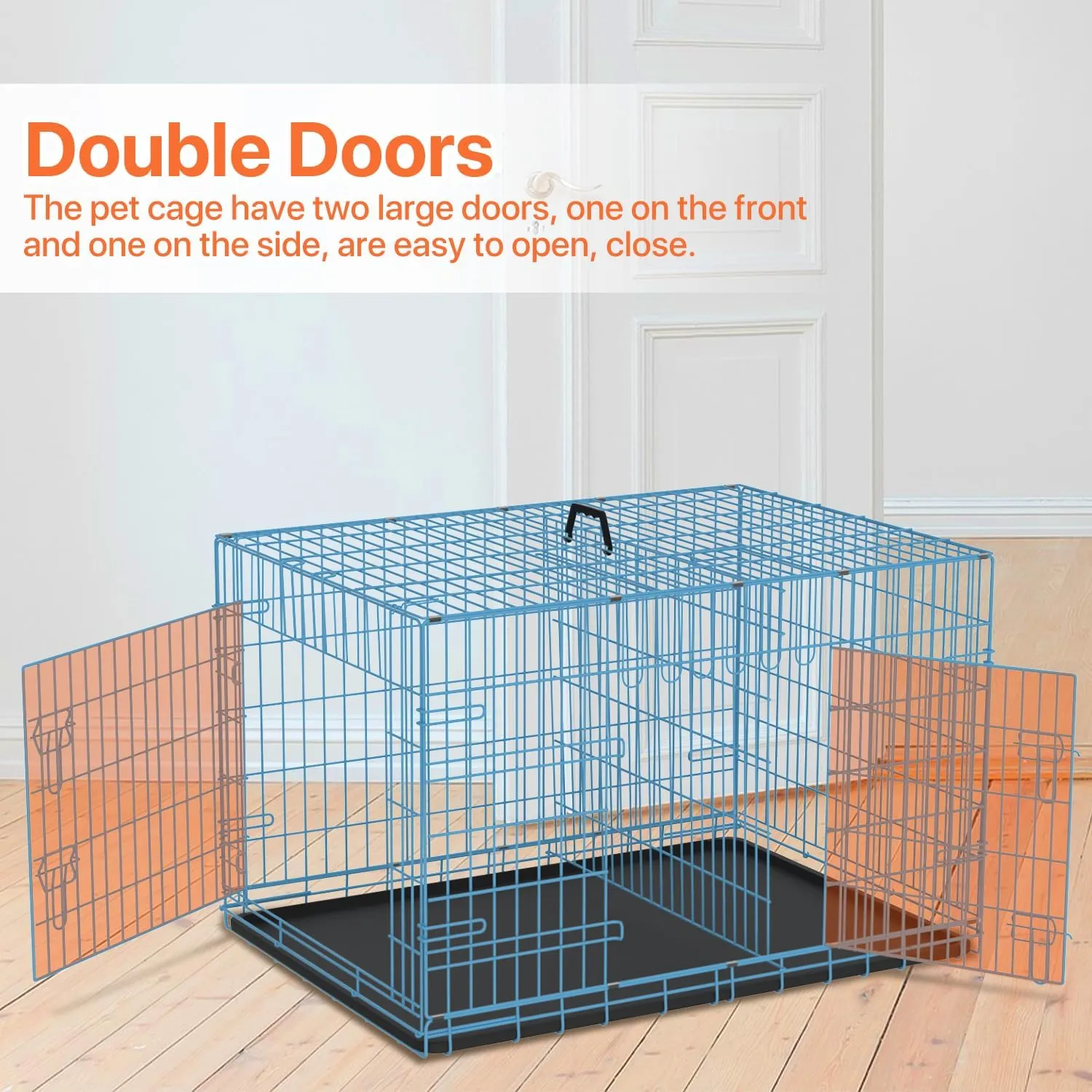 Dog Crate for Large Medium Small Dogs, Folding Dog Kennel Cage with Plastic Tray & Divider 48"/42"/ 36"/ 30"/ 24" Indoor Outdoor Metal Double Door Heavy Duty Dog Pen Enclosure, Blue(30 Inch)