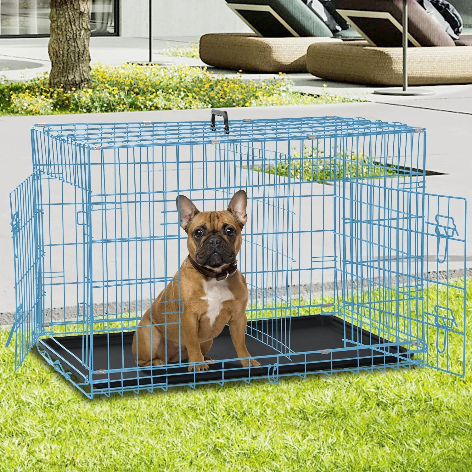 Dog Crate for Large Medium Small Dogs, Folding Dog Kennel Cage with Plastic Tray & Divider 48"/42"/ 36"/ 30"/ 24" Indoor Outdoor Metal Double Door Heavy Duty Dog Pen Enclosure, Blue(30 Inch)