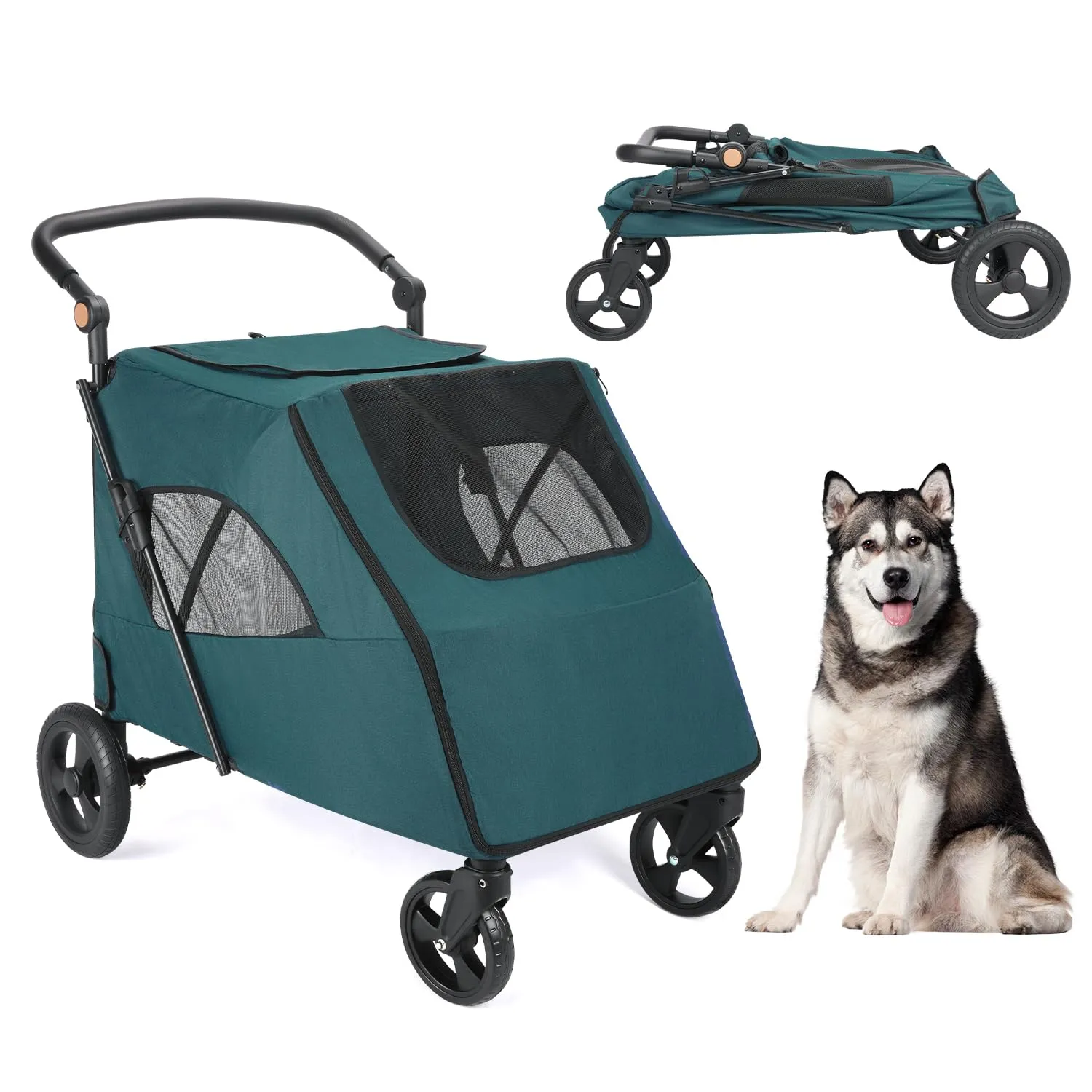 Dog Stroller Pet, Foldable Cart with 4 Wheels, Mesh Skylight Pet Stroller for Small to Large Dogs and Other Pet Travel, Storage Space Pet Can Easily Walk Outoor (Dark Green)