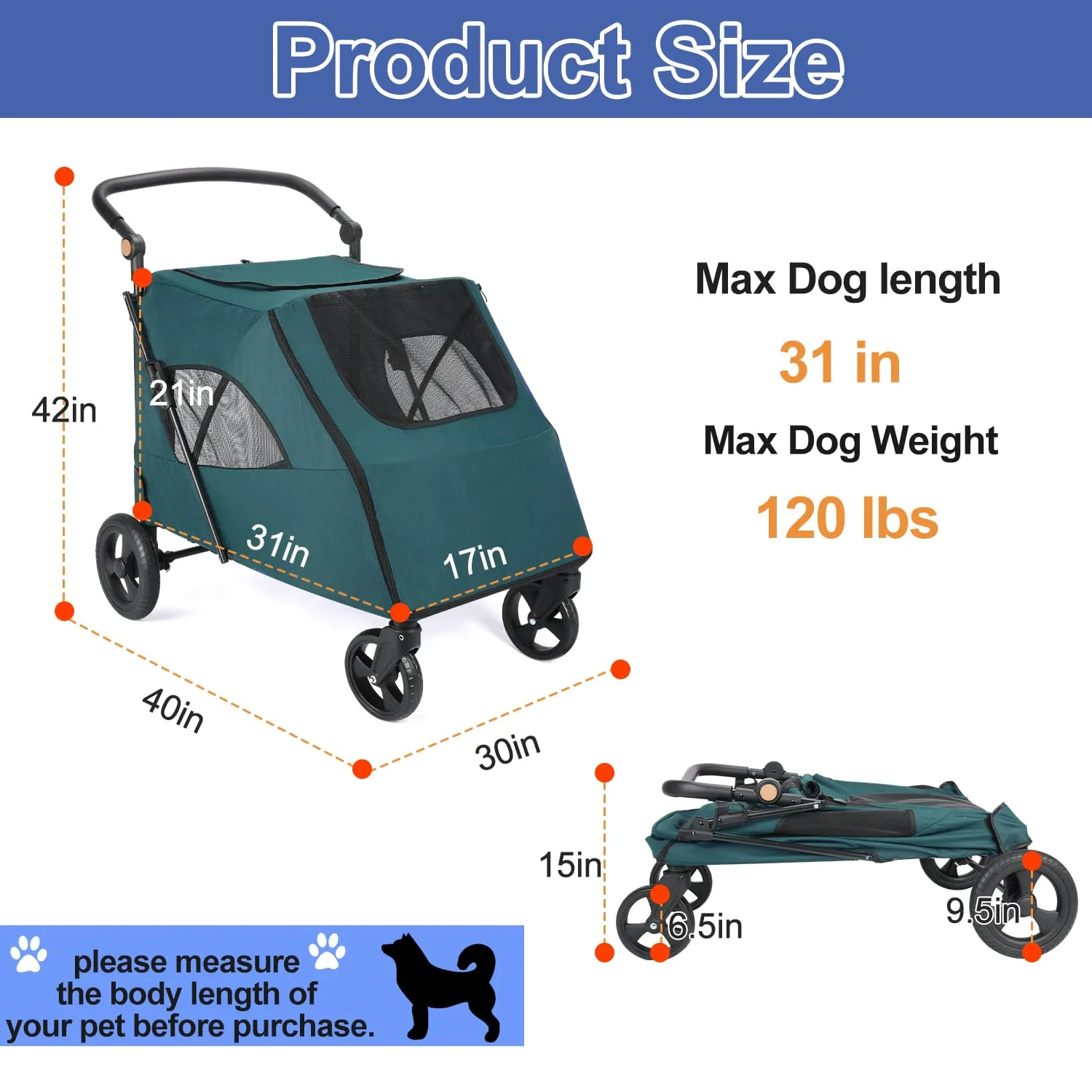 Dog Stroller Pet, Foldable Cart with 4 Wheels, Mesh Skylight Pet Stroller for Small to Large Dogs and Other Pet Travel, Storage Space Pet Can Easily Walk Outoor (Dark Green)