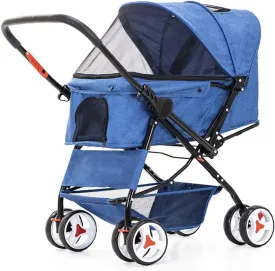 Dog Trolley4 Wheel Dog Strollers for Medium Small Dogs Cat/Dog Stroller Easy Onehand Fold Reversible Push Handle Pet Stroller Puppy & Kitten Carrier Extended