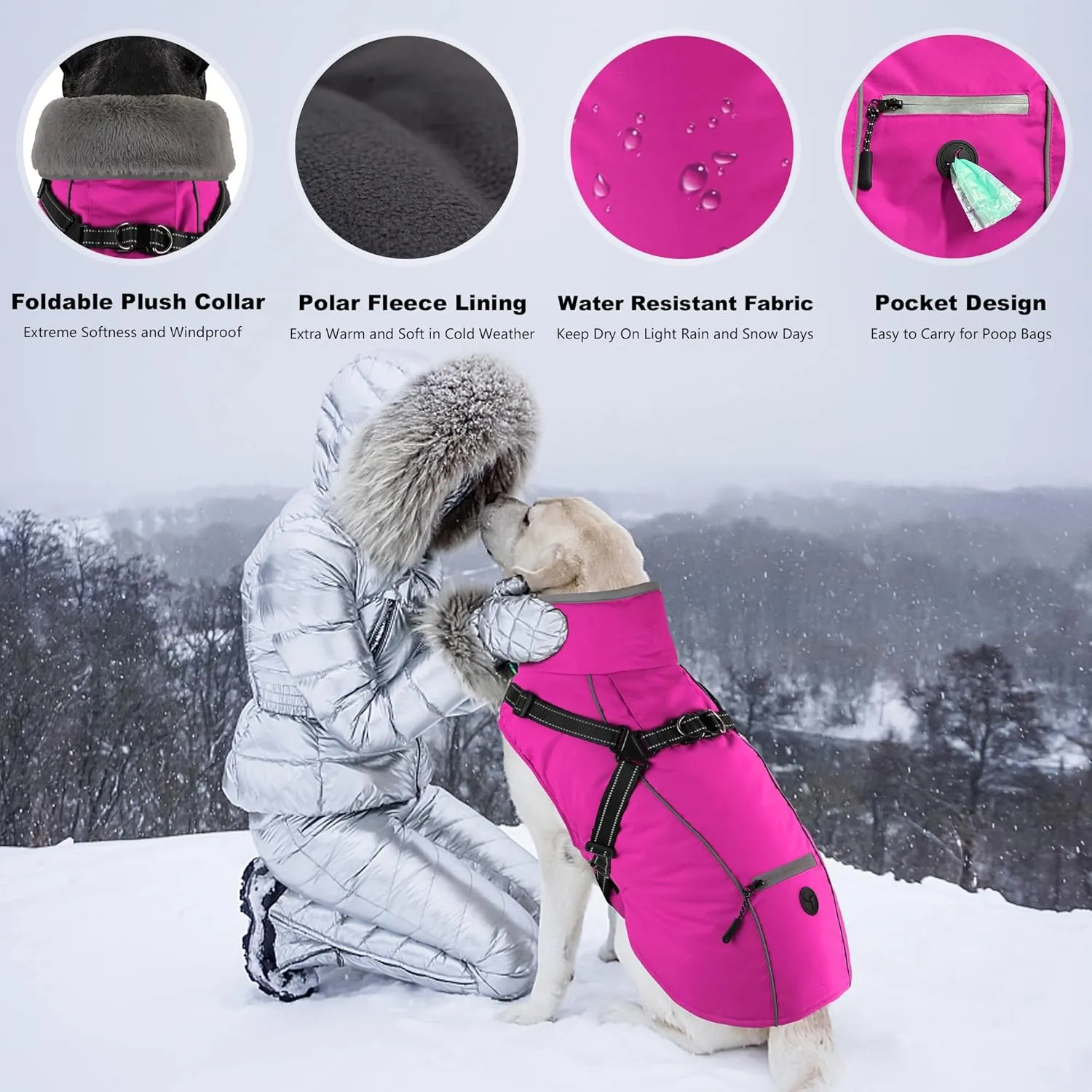 Dogcheer Dog Coat, Waterproof Dog Winter Jacket with Harness, Reflective Adjustable Puppy Cold Weather Coats with Pockets, Christmas Pet Fleece Jacket Snowsuit for Small Medium Large Dogs Pink XS