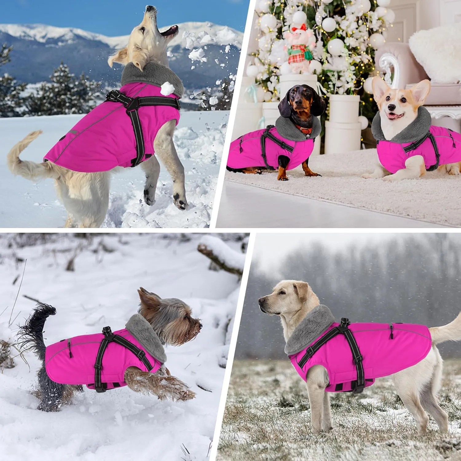 Dogcheer Dog Coat, Waterproof Dog Winter Jacket with Harness, Reflective Adjustable Puppy Cold Weather Coats with Pockets, Christmas Pet Fleece Jacket Snowsuit for Small Medium Large Dogs Pink XS