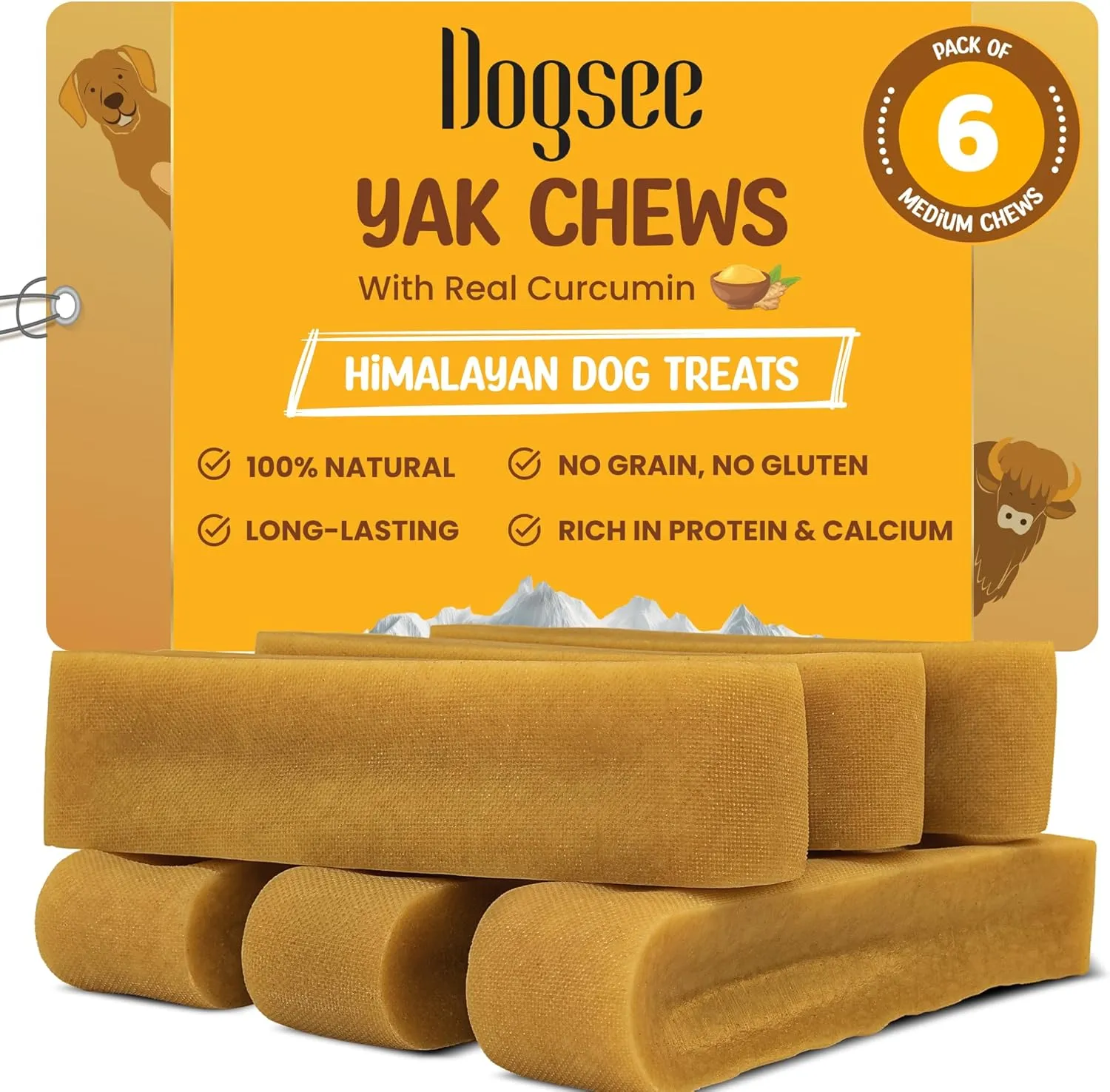Dogsee Himalayan Yak Cheese Dog Chews with Turmeric/Curcumin (Medium - 6Chew) | Long Lasting | Anti-inflammatory | Fights Plaque and Tartar | Odorless Dog Treats