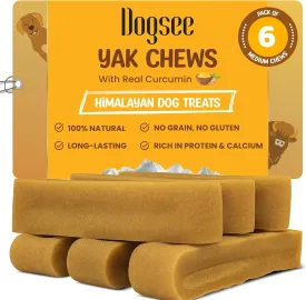 Dogsee Himalayan Yak Cheese Dog Chews with Turmeric/Curcumin (Medium - 6Chew) | Long Lasting | Anti-inflammatory | Fights Plaque and Tartar | Odorless Dog Treats