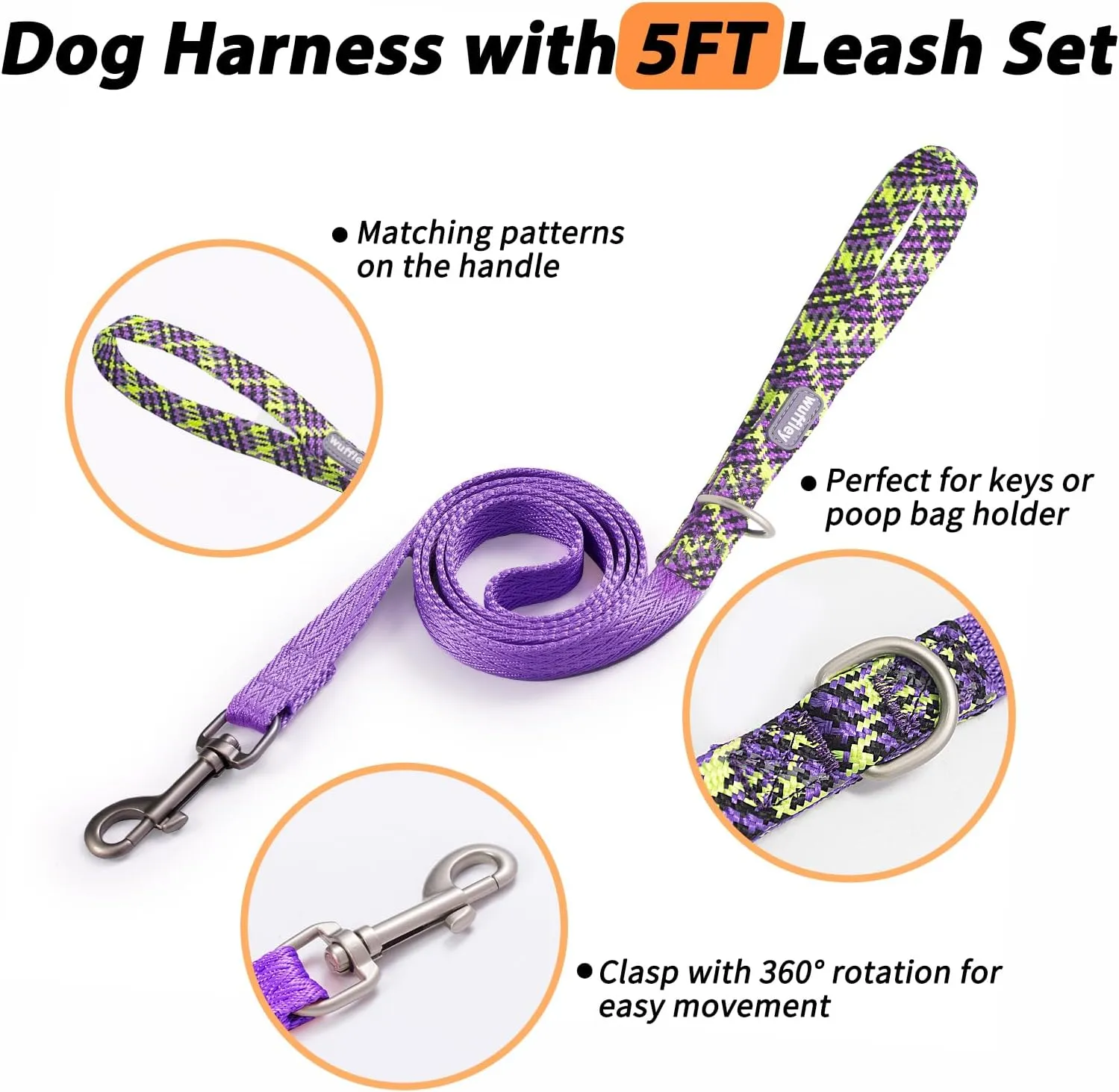 Easy Walk Dog Harness and Leash Set, Freedom No Pull Harness with 2 Patches,Escape Proof/Quick Fit to Adjust Dog Vest Harness,Easy for Training Walking for Small,Medium & Large Dogs(Purple,M)