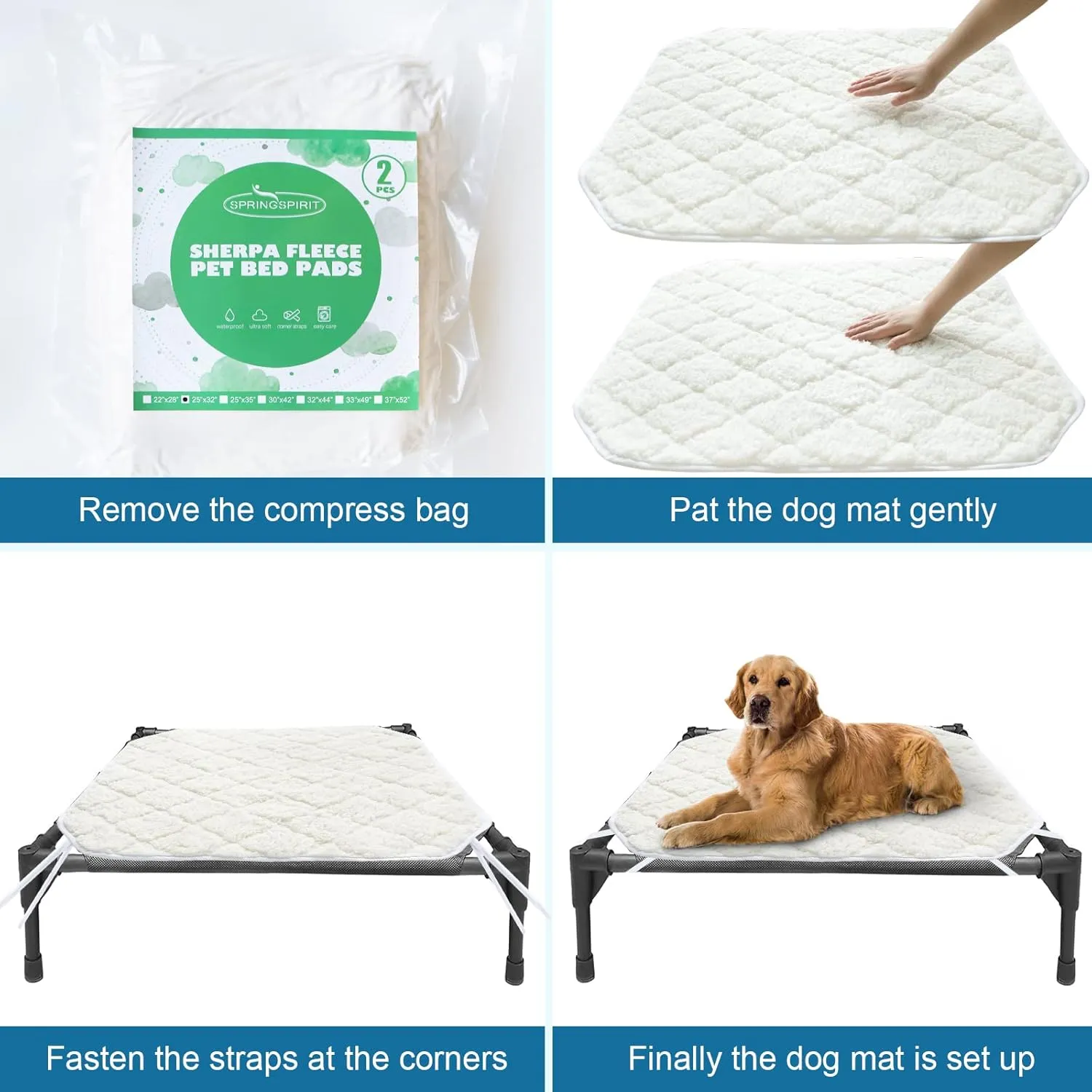 Elevated 2 Pack Soft Plush Dog/Cat Beds Pad, Waterproof with Corner Straps, Machine Washable (Pad Only, Bed not Included)