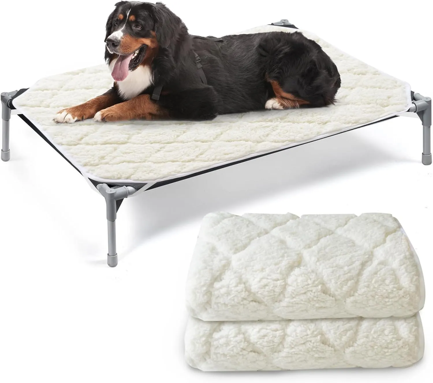 Elevated Dog Pad 2 Pack - Waterproof, Soft Plush, Machine Washable for Pet Cot, Large Size With Corner Straps (Pad Only, Bed Not Included)
