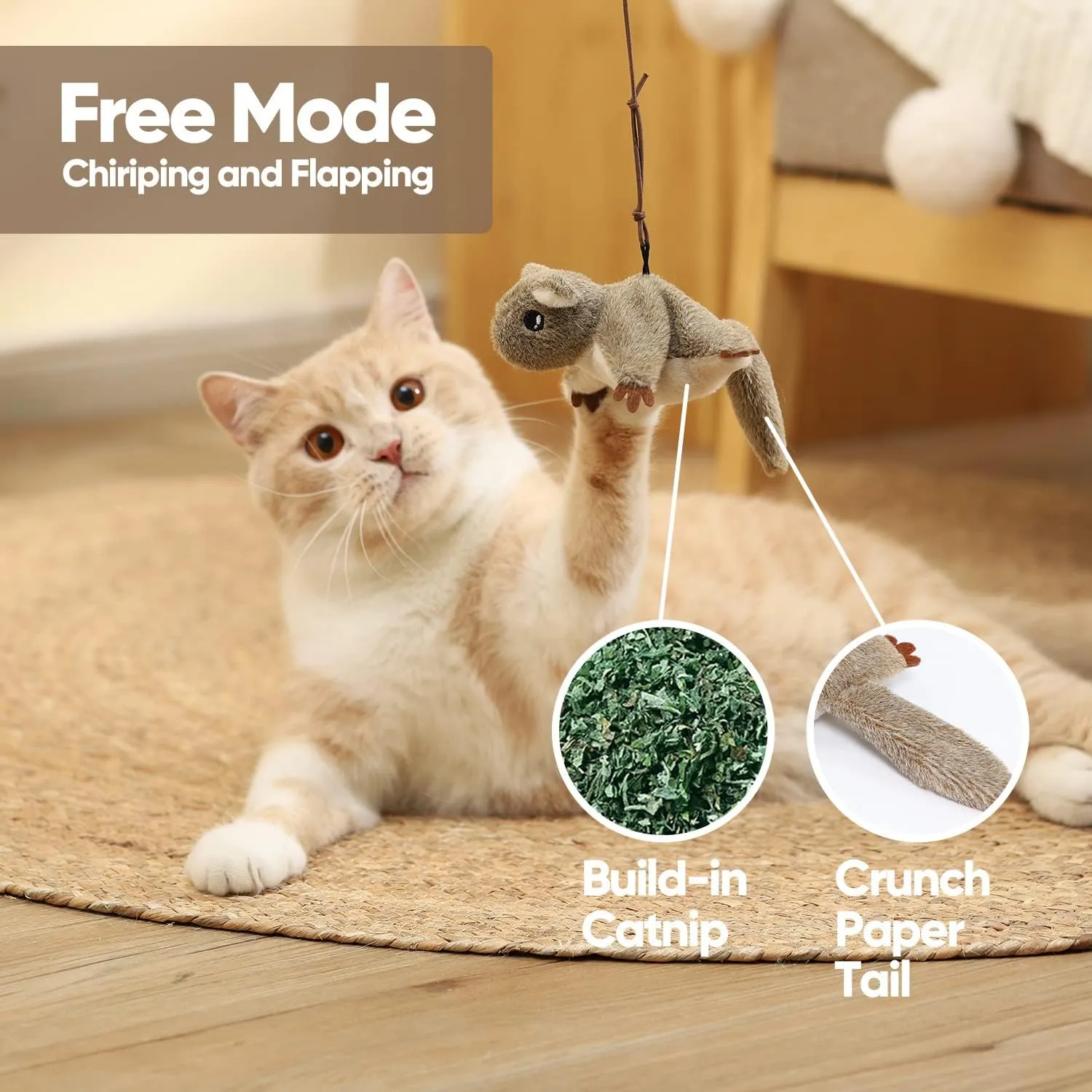 Flapping Cat Toy, Motion Activated Flying Squirrel with Catnip, 3 Modes & USB Rechargeable, Machine Washable Interactive Toy for Indoor Cats
