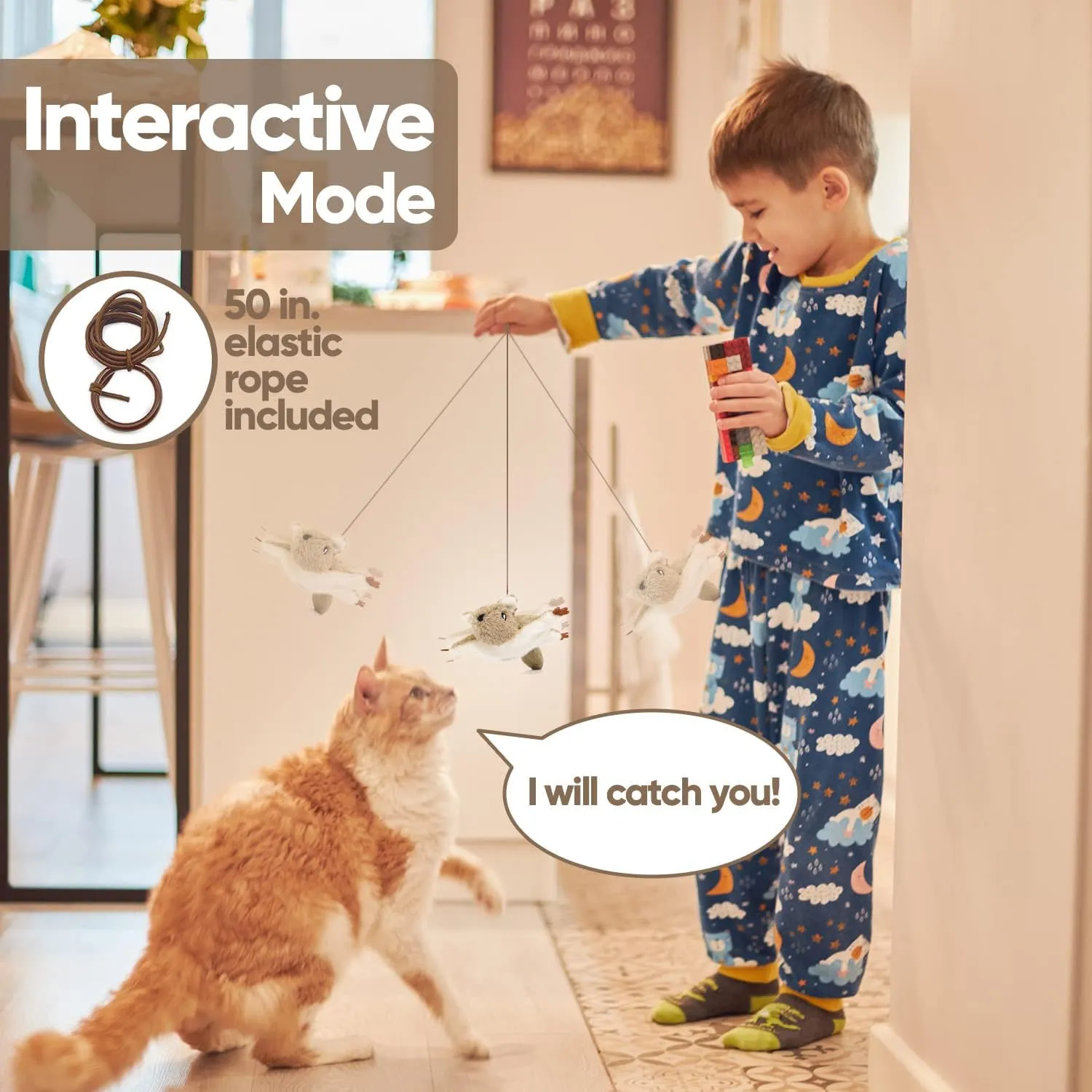 Flapping Cat Toy, Motion Activated Flying Squirrel with Catnip, 3 Modes & USB Rechargeable, Machine Washable Interactive Toy for Indoor Cats