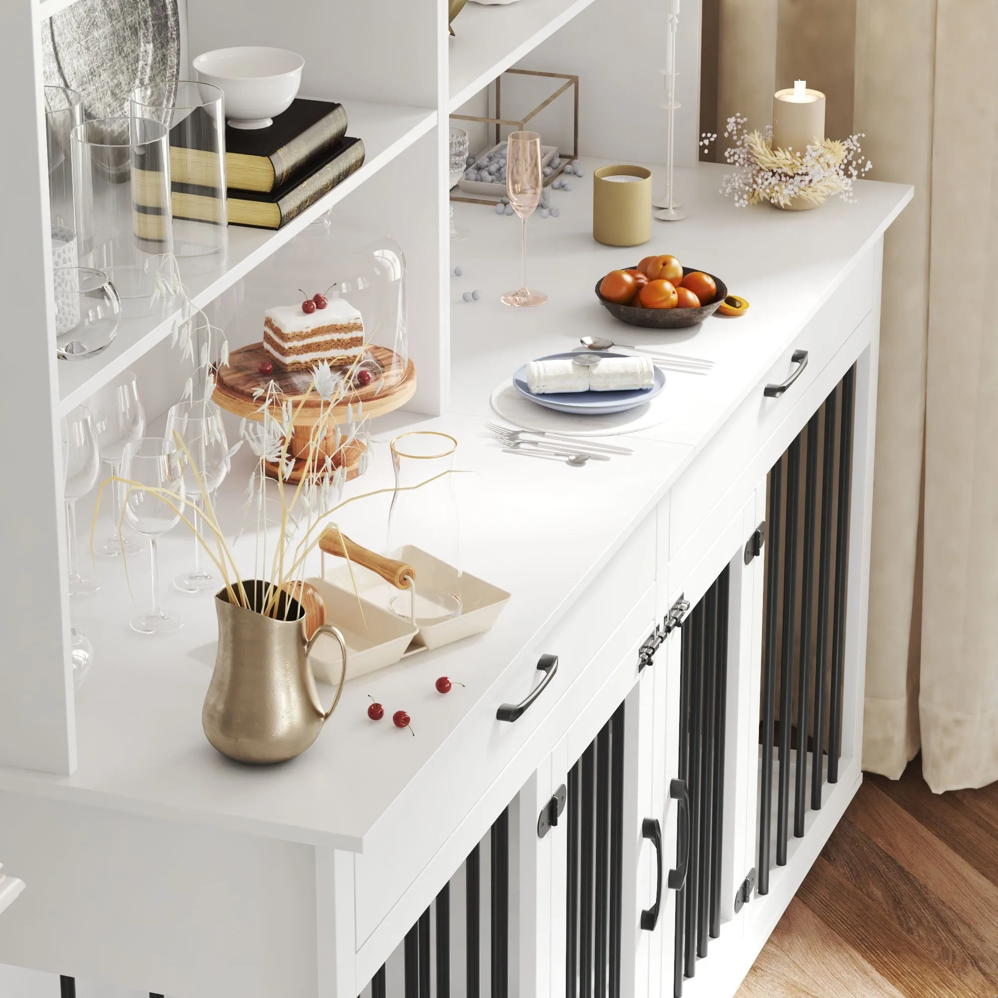 Furniture Style Dog Crate Table With Drawers & Shelves,Pantries Storage Cabinet -150207