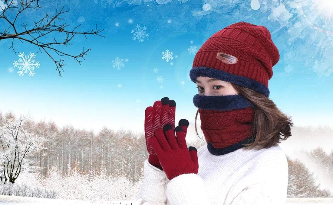 HINDAWI Winter Hat Scarf Gloves Slouchy Beanie Snow Knit Skull Cap Touch Screen Mittens Circle Scarves for Women Men