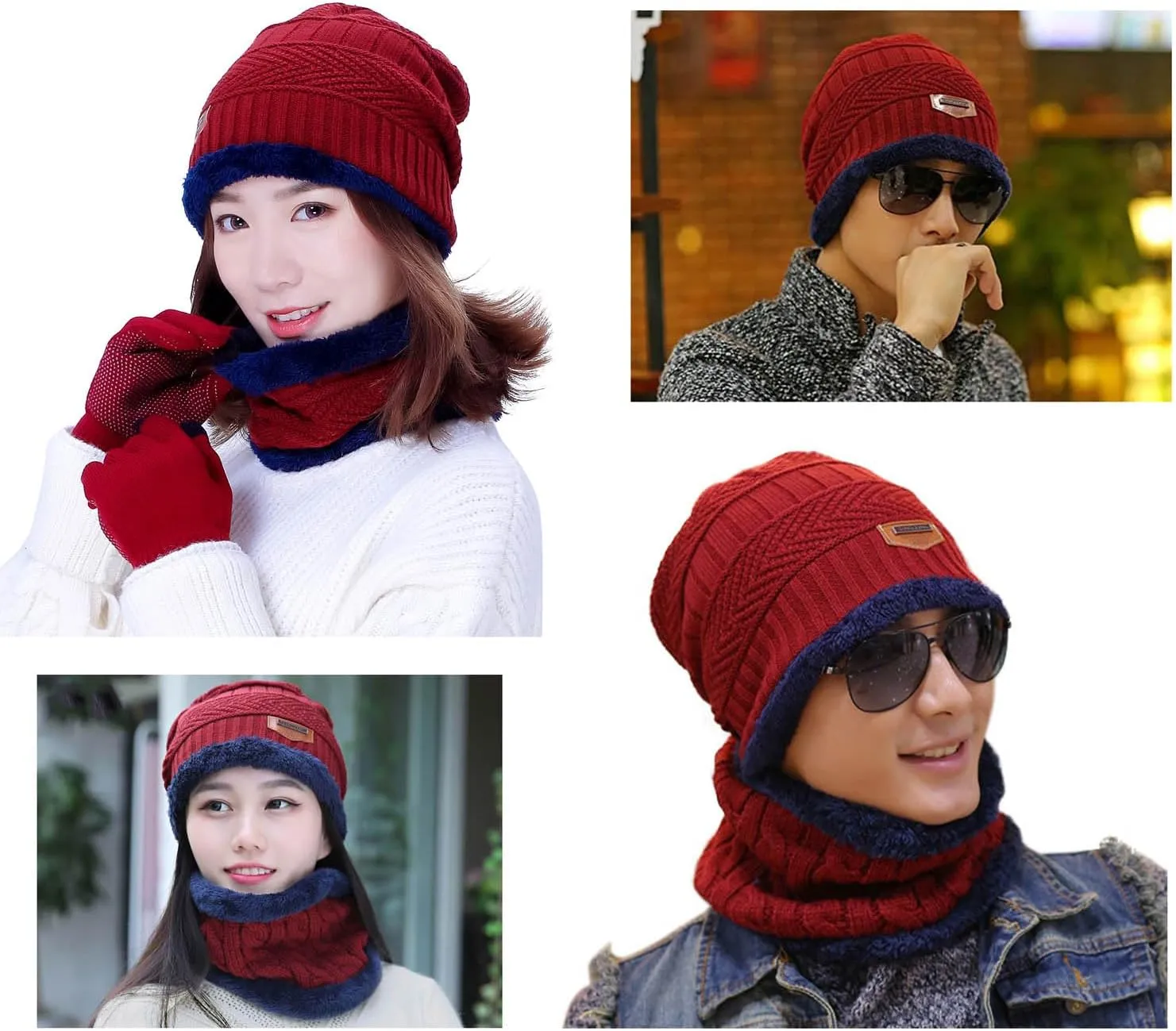 HINDAWI Winter Hat Scarf Gloves Slouchy Beanie Snow Knit Skull Cap Touch Screen Mittens Circle Scarves for Women Men